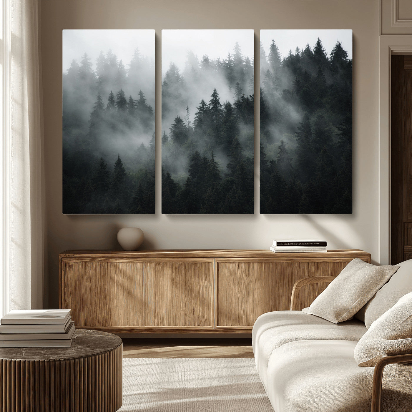 MGV-CV-48X32-3P - Foggy Forest Wall Art Canvas Print | 3 Panel Large Misty Landscape for Dining Room, Office, or