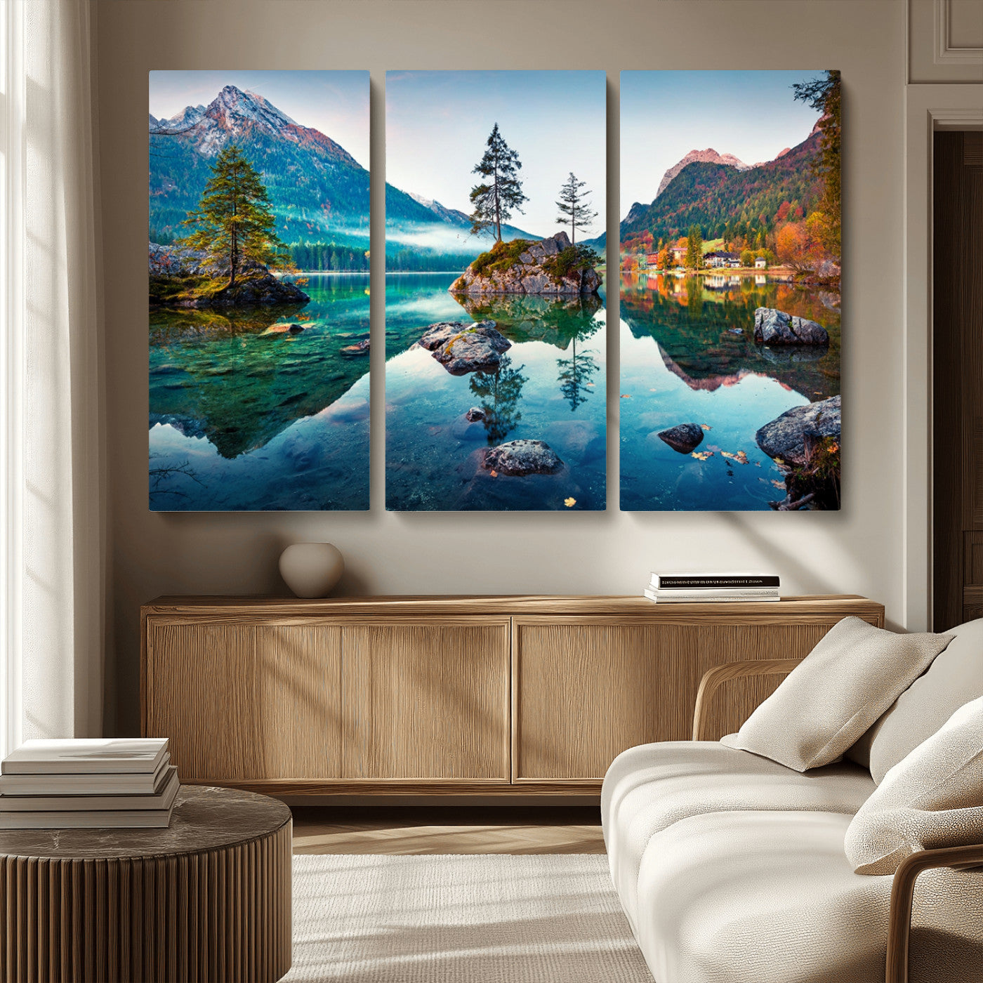 -Crystal Clear Lake Wall Art | Mountains Wall Art Canvas | 3 Panel Large Landscape Print for Dining