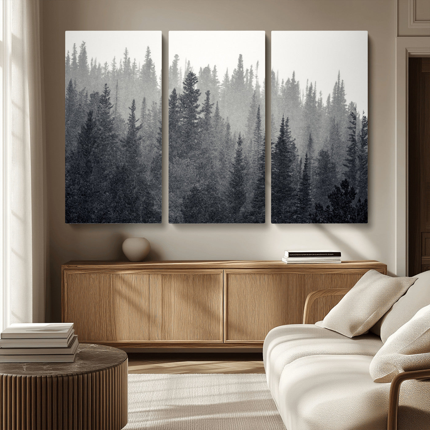 MGV-CV-48X32-3P - Misty Forest Canvas Wall Art – Monochrome Triptych Pine Tree Print – Nature-Inspired Home Decor –