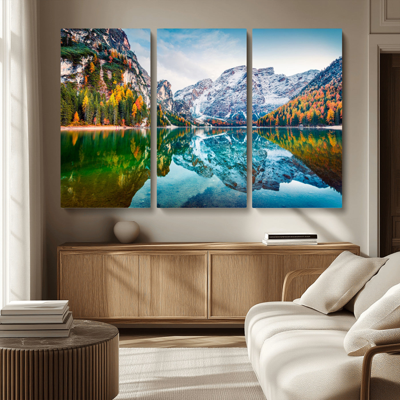 MGV-CV-48X32-3P - Spectacular autumn view of Braies Lake Wall Art Canvas Print