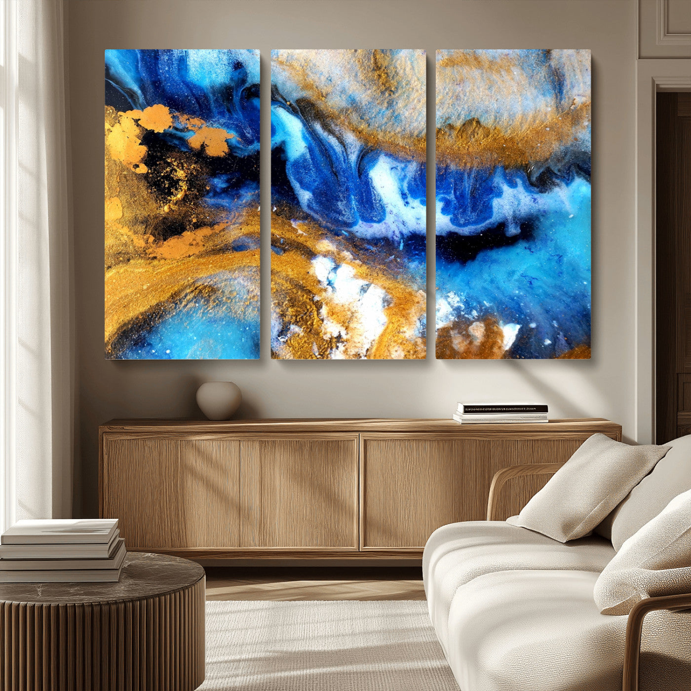 MGV-CV-48X32-3P - Blue Orange Marble Fluid Effect Canvas Wall Art Print