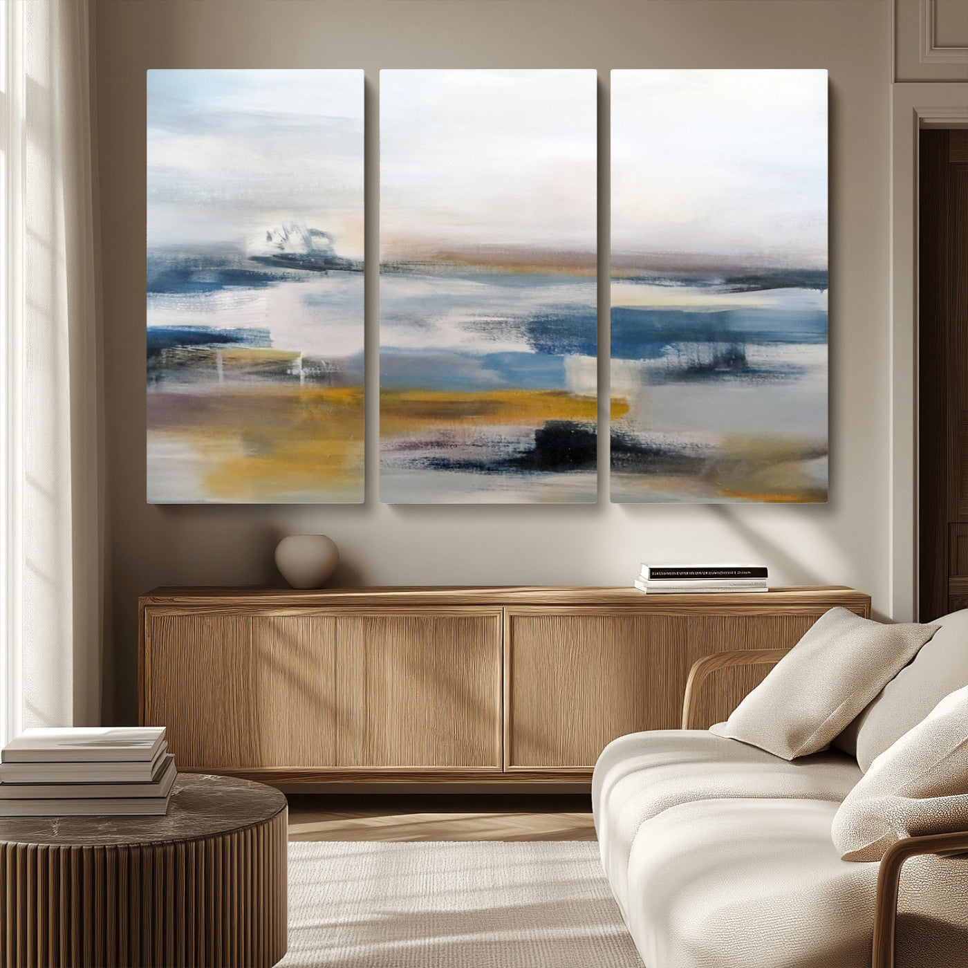 MGV-CV-48X32-3P - Abstract Landscape Wall Art Canvas | 3 Panel Modern Blue, Gold, and White Canvas Art for Living
