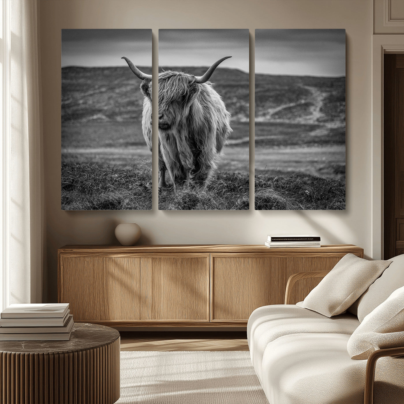 MGV-CV-48X32-3P - Fluffy Cattle Wall Art Print, Highland Cow Canvas, Framed Black and white Wall Art