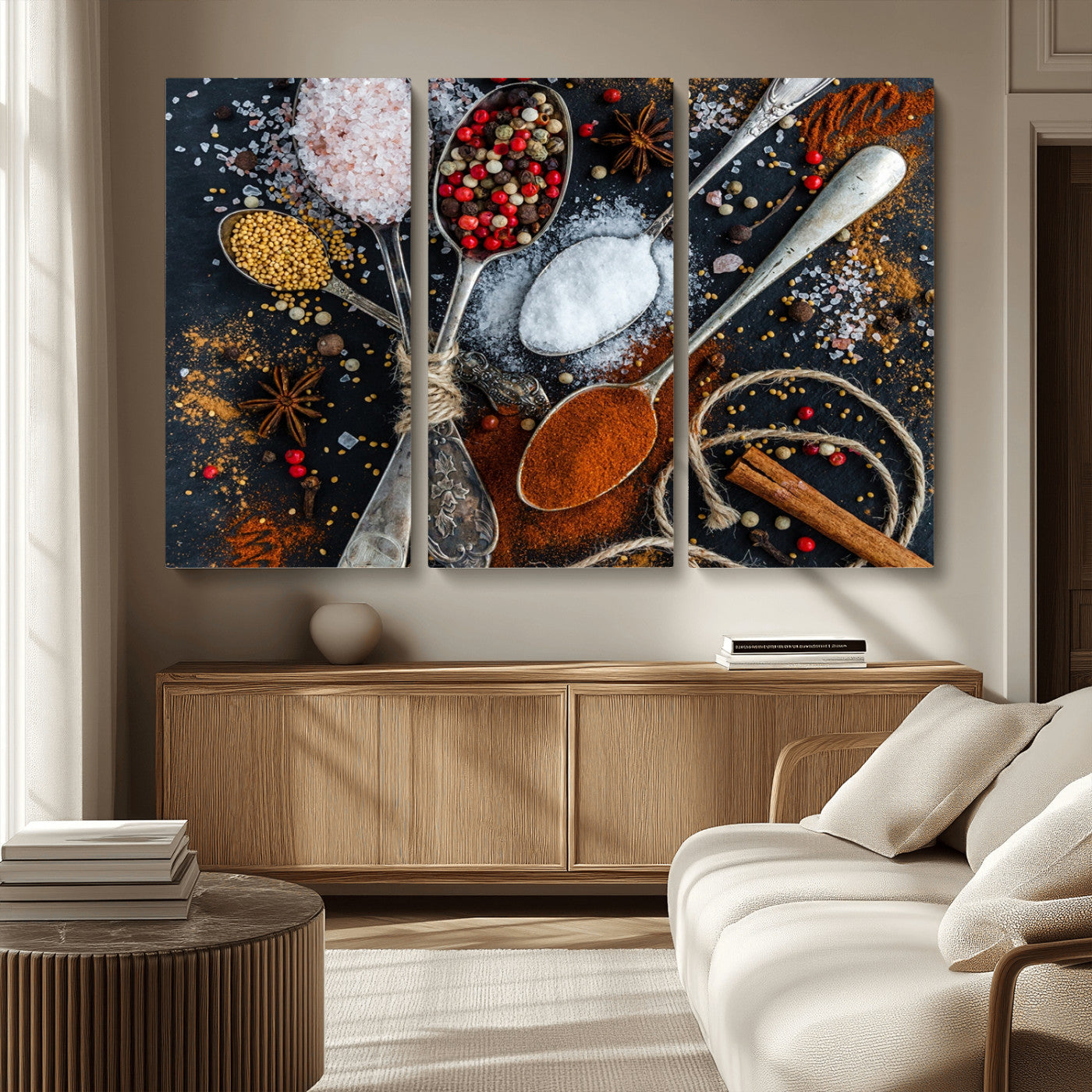 MGV-CV-48X32-3P - Spices and Seasonings Canvas Wall Art – Colorful Triptych Kitchen Decor – Culinary Art for Dining