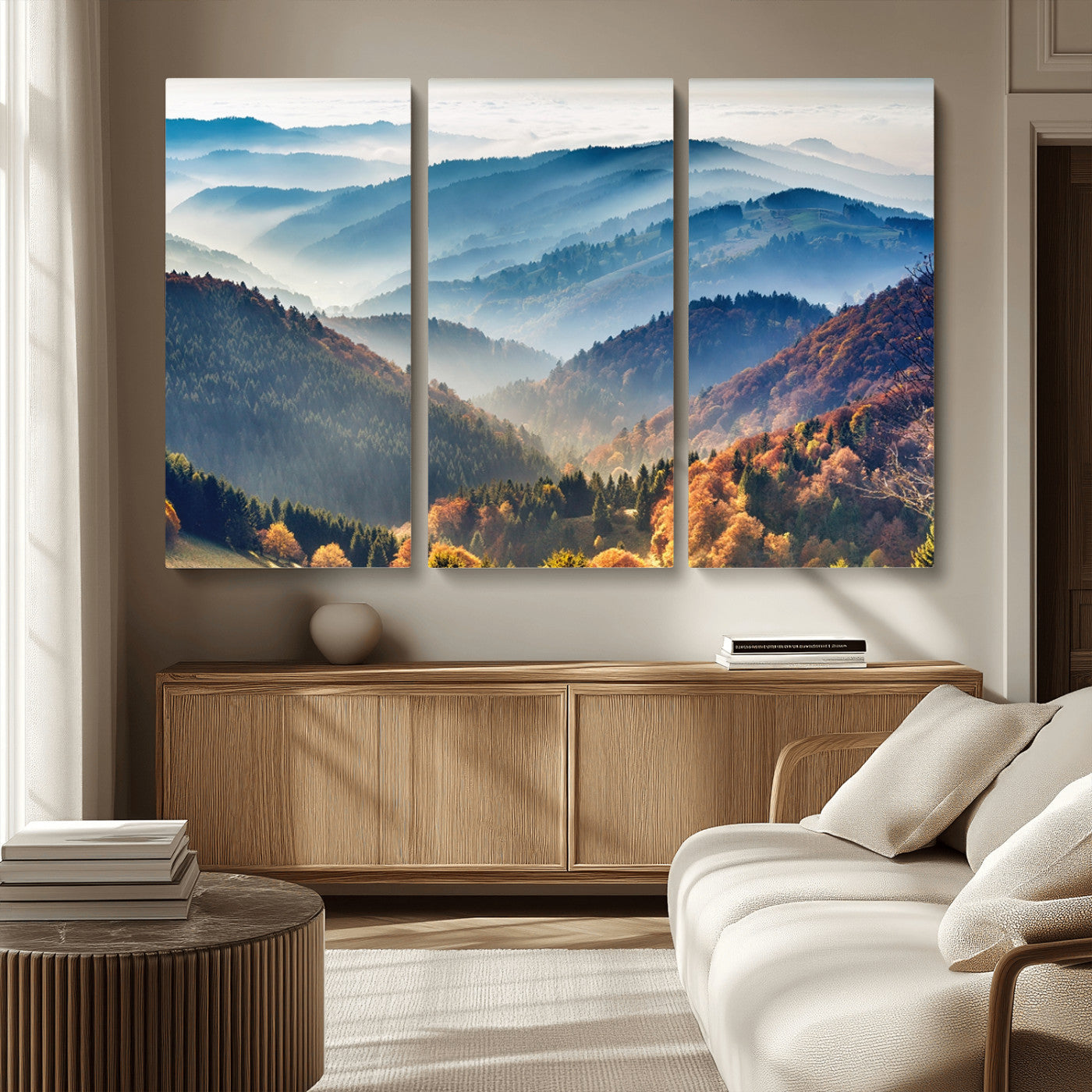 MGV-CV-48X32-3P - Misty Mountain Sunrise Triptych Canvas Print – Autumn Landscape Wall Art – Scenic Nature Decor –