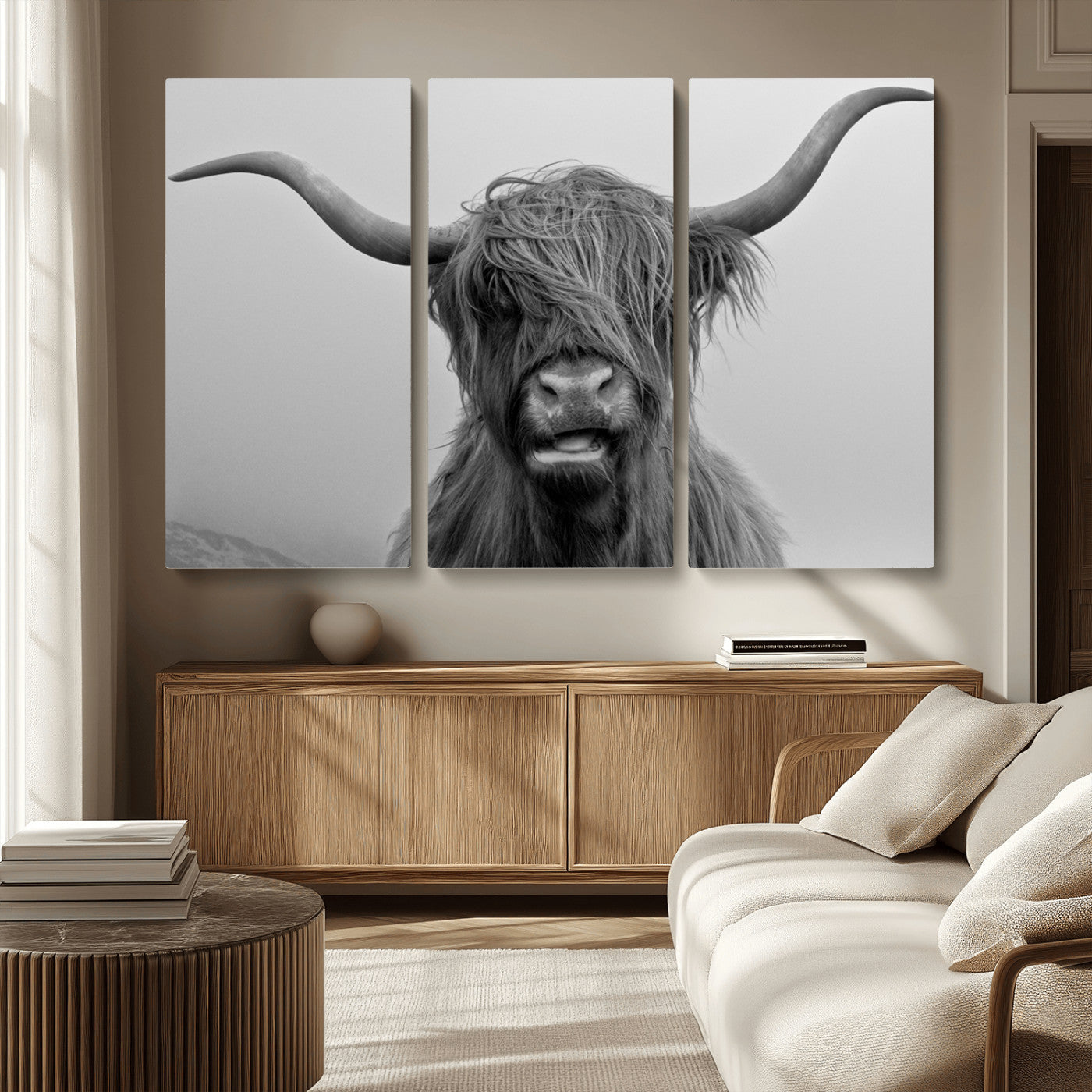 MGV-CV-48X32-3P - Texas Cow Wall Art Canvas, Texas Longhorn Cattle Canvas Print