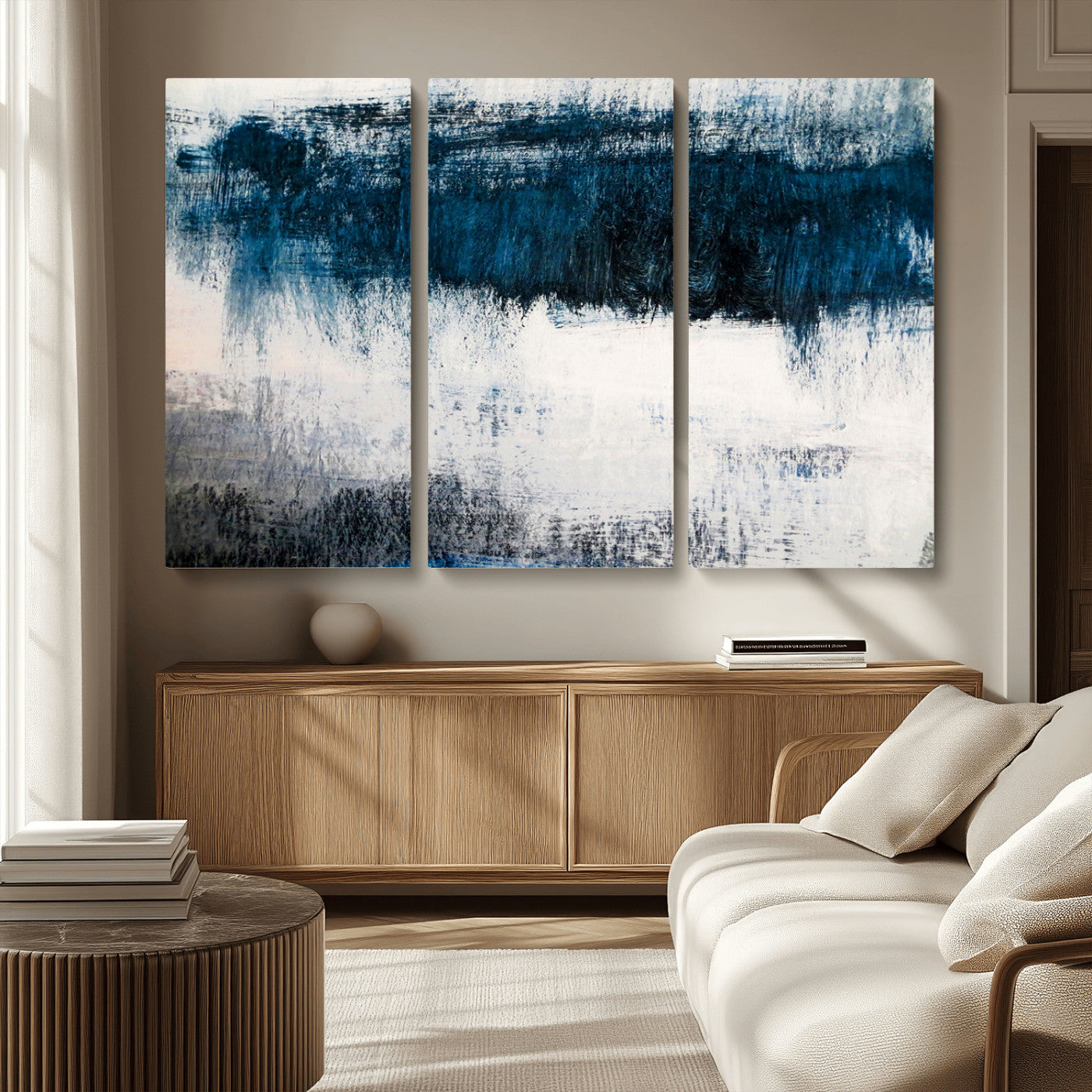 MGV-CV-48X32-3P - Abstract Blue and White Canvas Art | Large Wall Art for Modern Living Room Decor | Minimalist