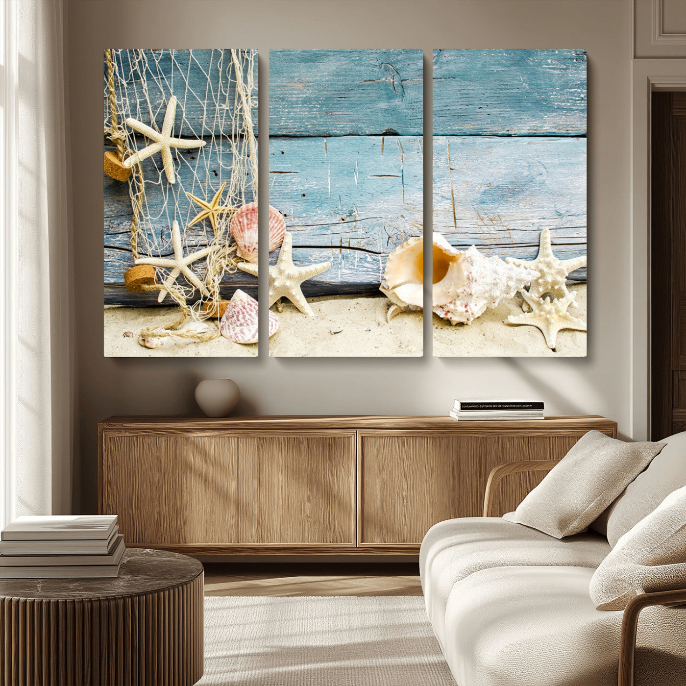 MGV-CV-48X32-3P - Seashells on Rustic Wooden Background, Seashells Wall Art Canvas Print