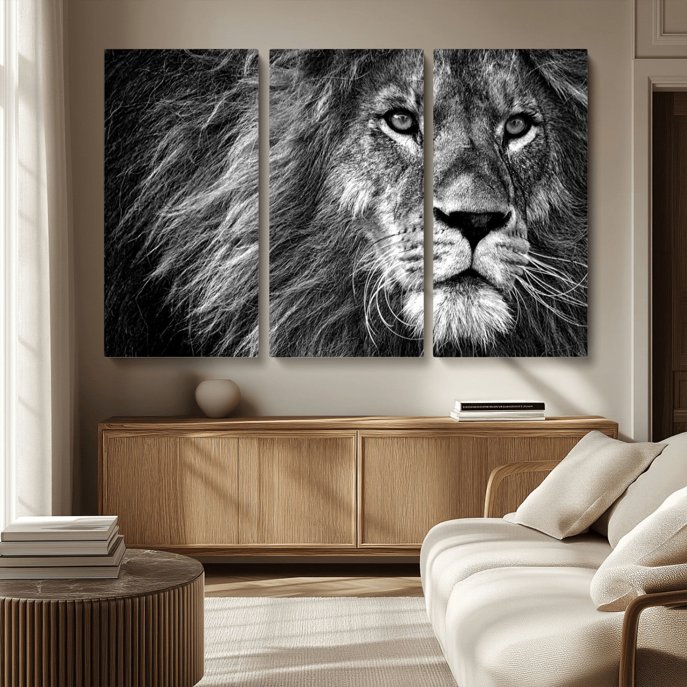MGV-CV-48X32-3P - Black and White Lion Canvas Wall Art Print