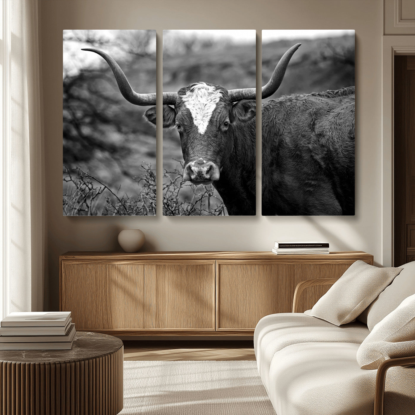 MGV-CV-48X32-3P - Western Home Wall Art Canvas Print, Framed Texas Longhorn Art Picture Print, Rustic Cow Perfect Rustic Farmhouse Decor Artwork