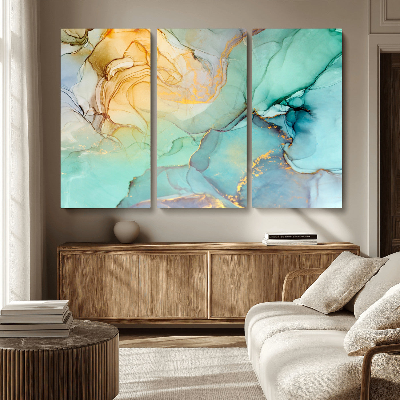 MGV-CV-48X32-3P - Abstract Aqua and Gold Fluid Wall Art Canvas | 3 Panel Large Canvas Print for Living Room, Office,