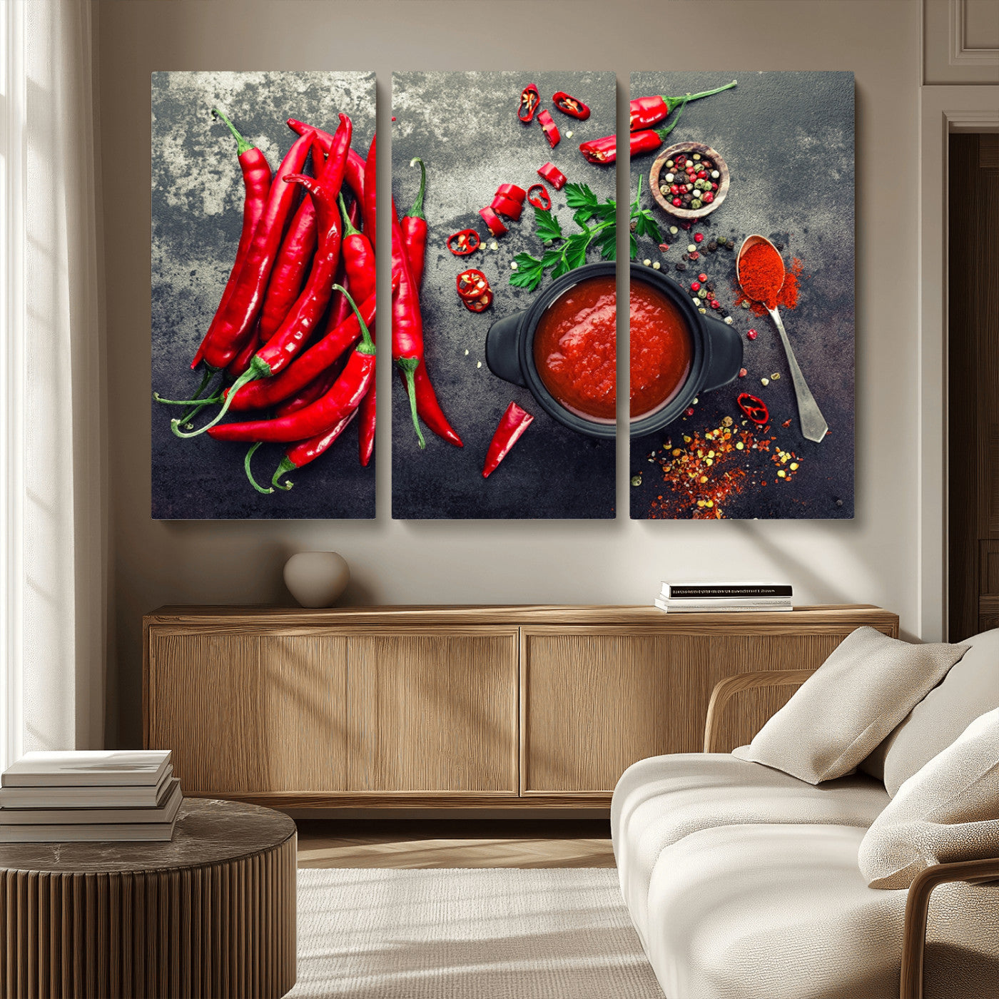 MGV-CV-48X32-3P - Red Chili Peppers Wall Art Kitchen Artwork Canvas Print