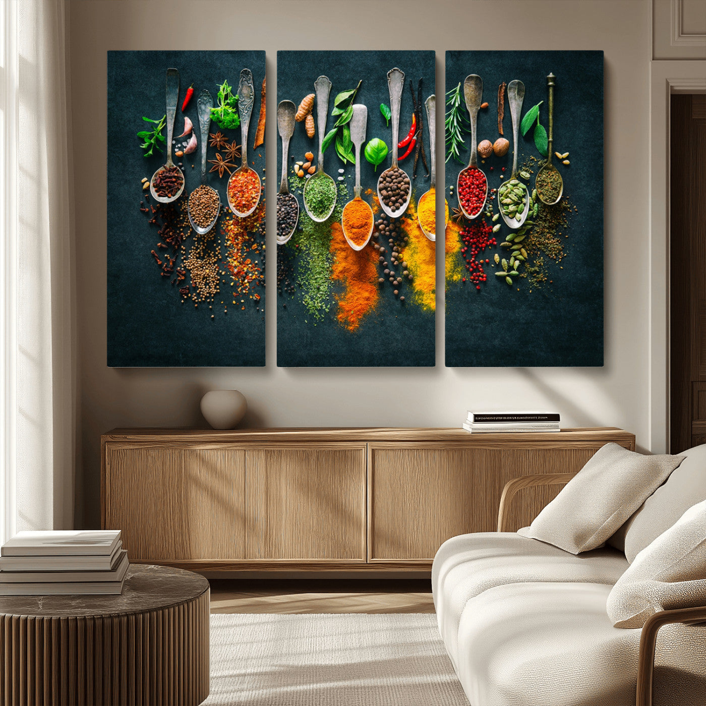 MGV-CV-48X32-3P - Colorful Spices Canvas Wall Art – Vibrant Kitchen Decor Triptych – Culinary Art Print for Dining