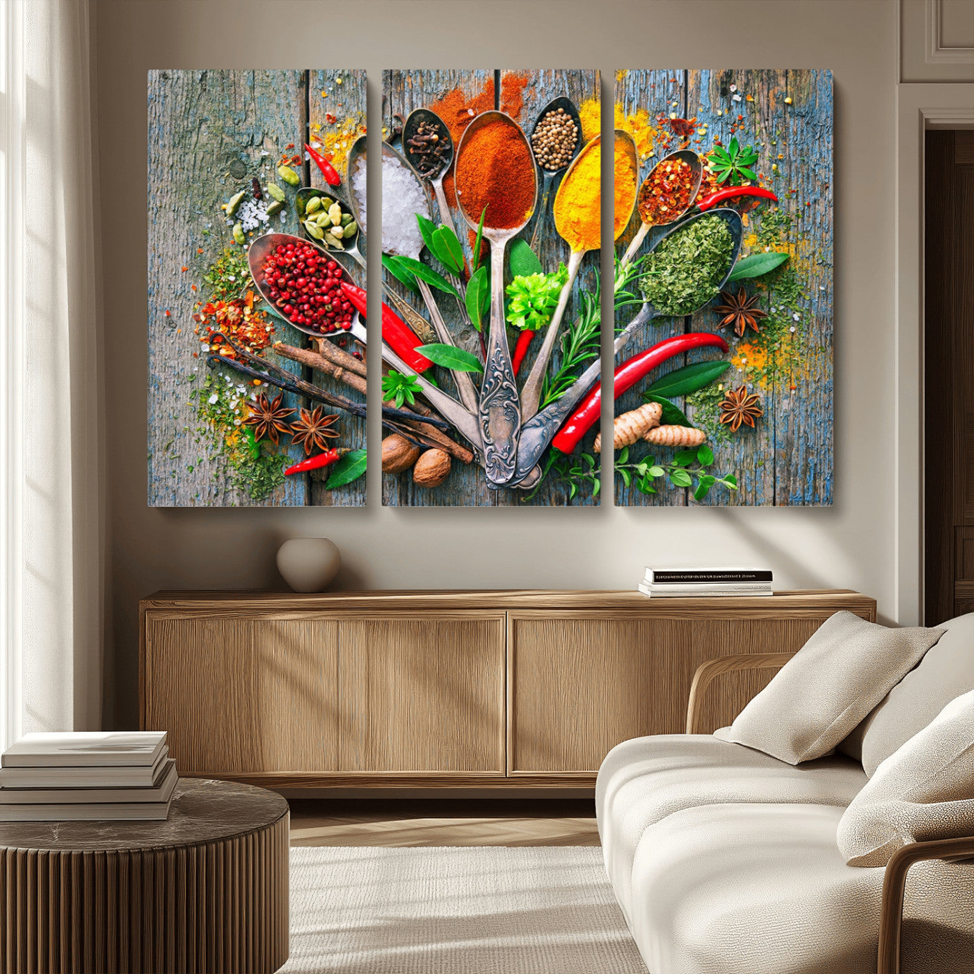 MGV-CV-48X32-3P - Spoonful of Spices Cooking Wall Art Canvas Print - Vibrant Kitchen Decor Triptych – Culinary Art