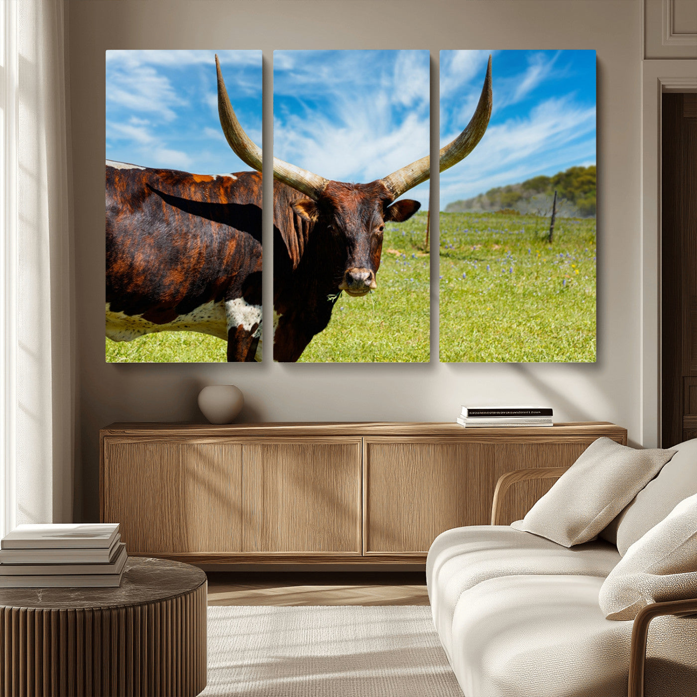 MGV-CV-48X32-3P - Longhorn and Cow Wall Art, Country Cow Wall Decor Canvas Print