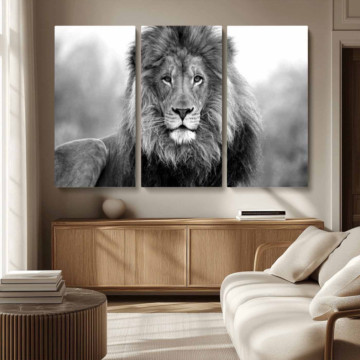 MGV-CV-48X32-3P - Black and White Lion Canvas Wall Art Animal Print