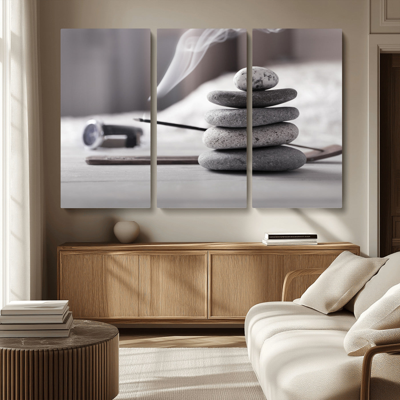 MGV-CV-48X32-3P - Burning Incense and Zen Stones Buddhism Wall Art, Zen Stones Wall Art Canvas Print