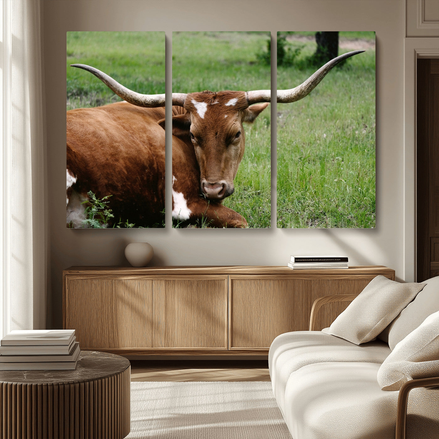 MGV-CV-48X32-3P - Longhorn Cow Animal Wall Art Canvas Print
