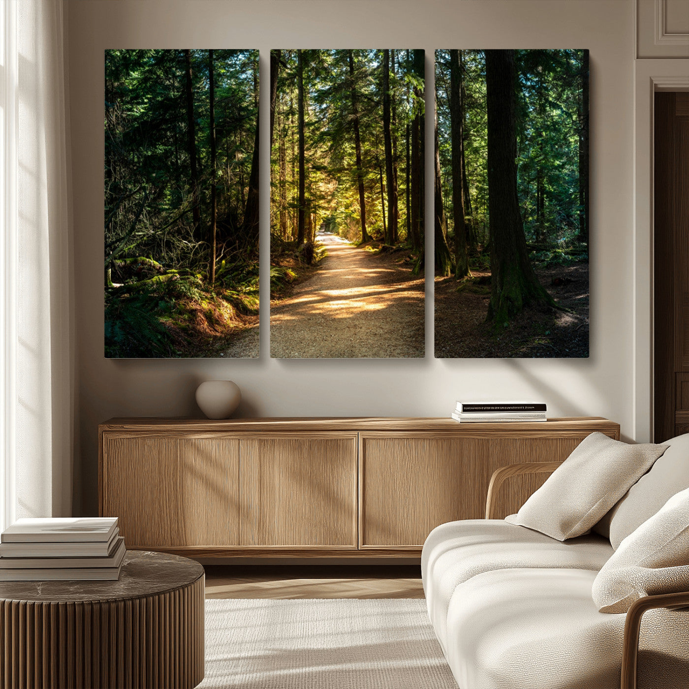 MGV-CV-48X32-3P - Sunlit Forest Pathway Canvas Print | 3 Panel Large Nature Wall Art for Living Room, Office, or