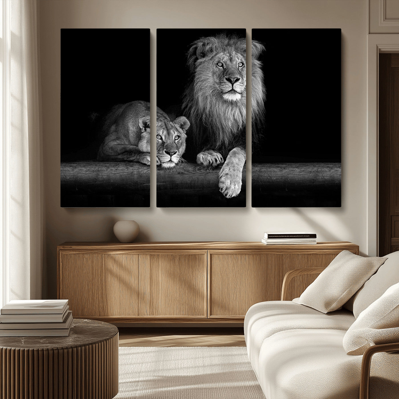 MGV-CV-48X32-3P - Large Black and White Lion Couple Wall Art Canvas Print