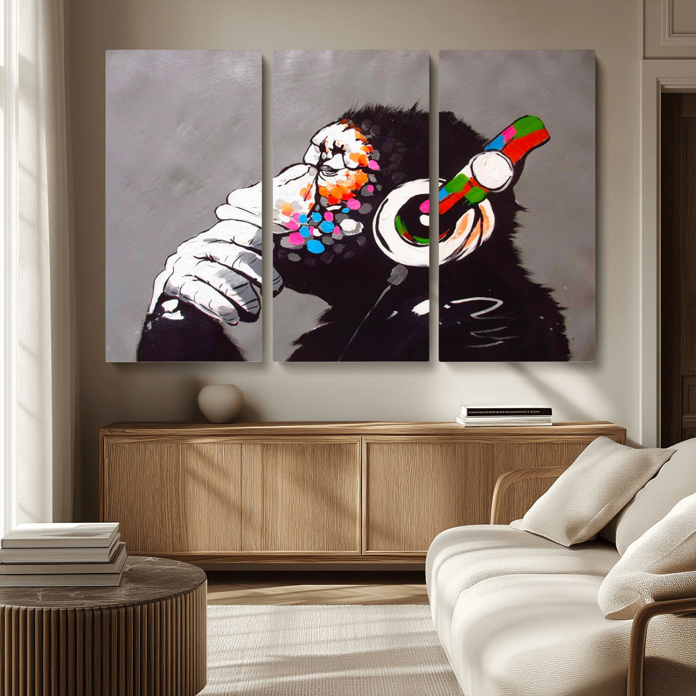 MGV-CV-48X32-3P - Dj Monkey Listening to Music Wall Art Print | Banksy Monkey Large Canvas Print for Living Room,