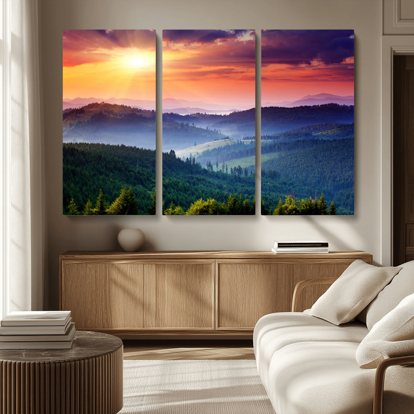 MGV-CV-48X32-3P - Beautiful Sunset over Hills Forest Landscape Canvas Wall Art Print