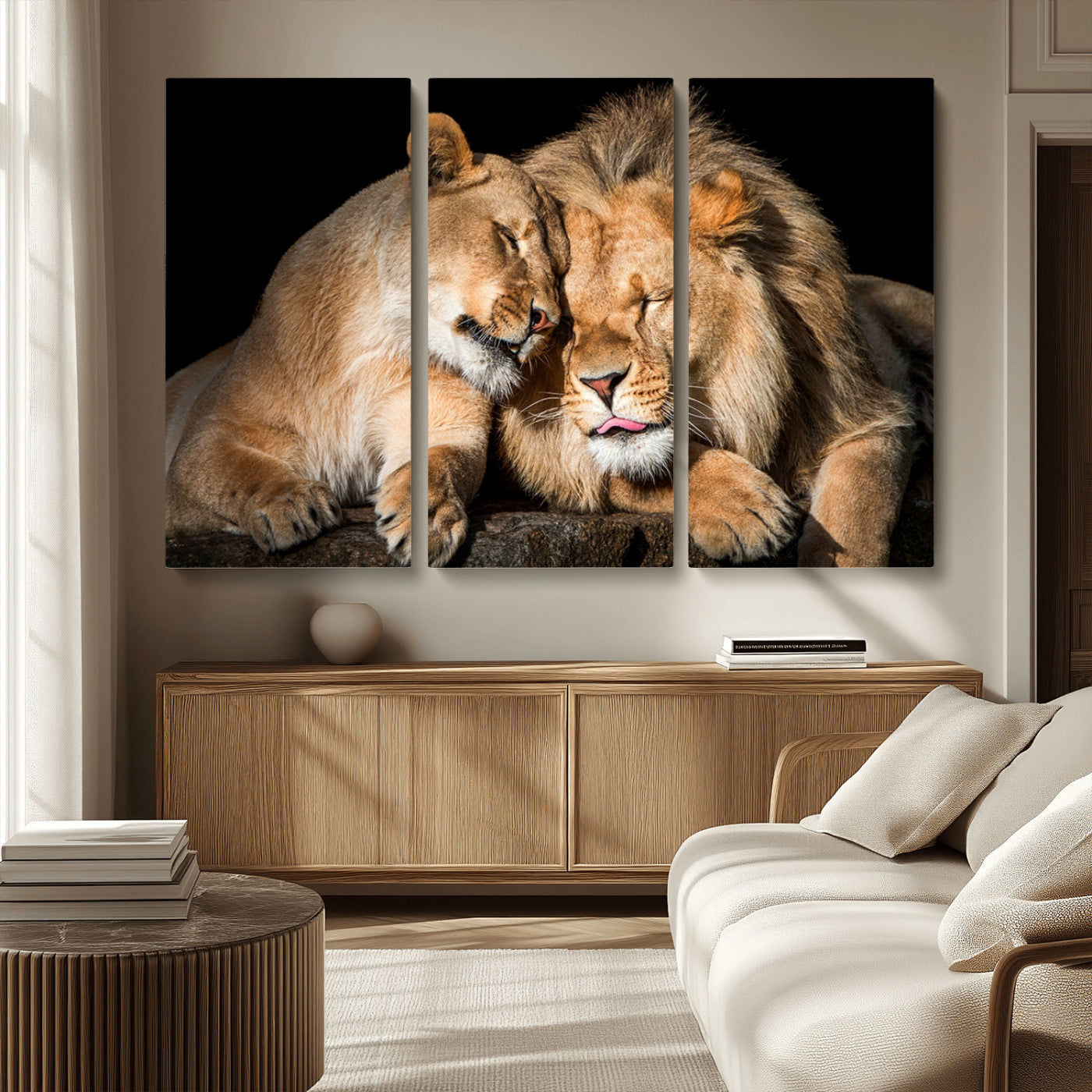 MGV-CV-48X32-3P - Lion and Lioness Wall Art Print Canvas | 3-Panel African Wildlife Canvas Print | Animal-Themed Art