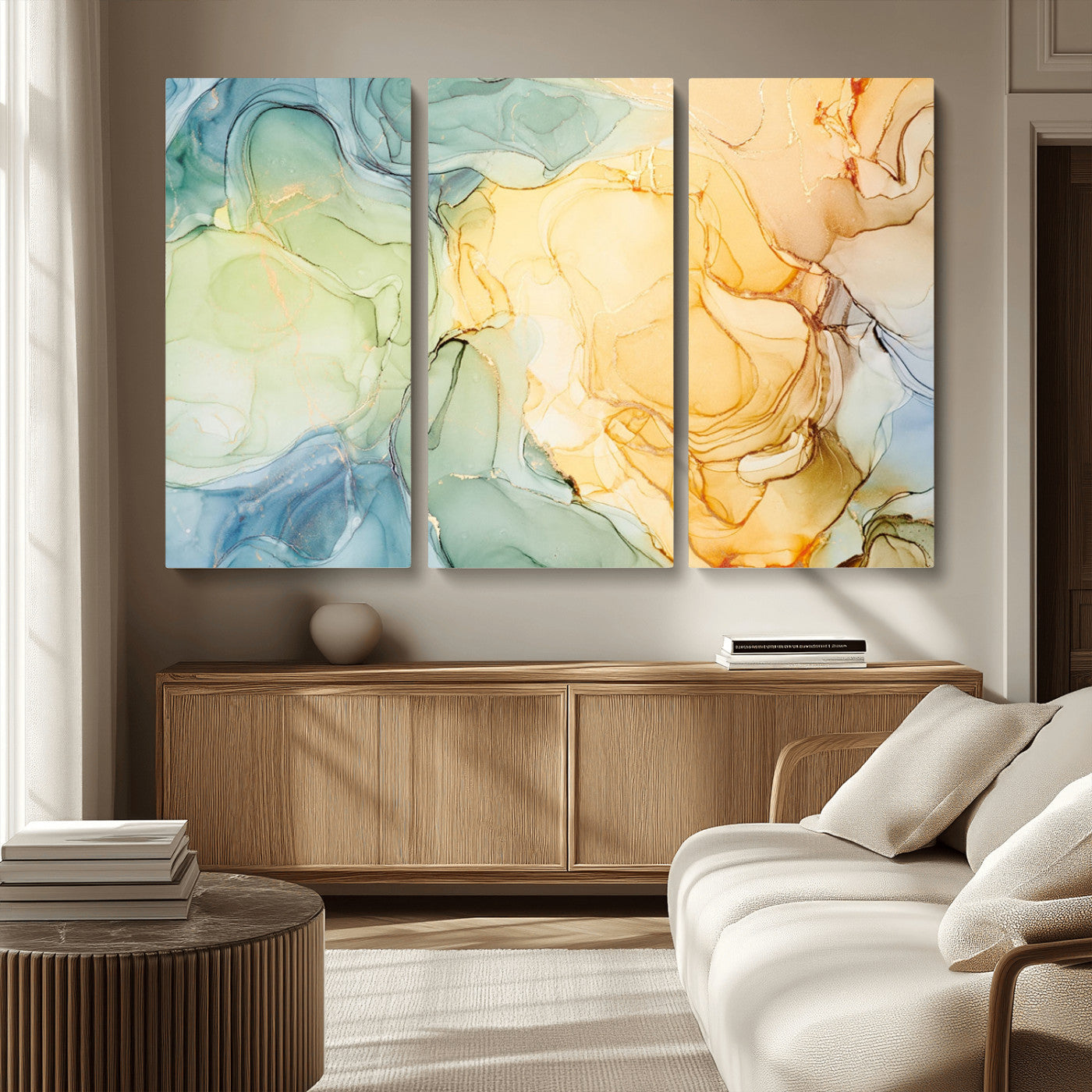 -Green and Yellow Marble Fluid Effect Wall Art, Green and Yellow Marble Canvas Wall Art Print