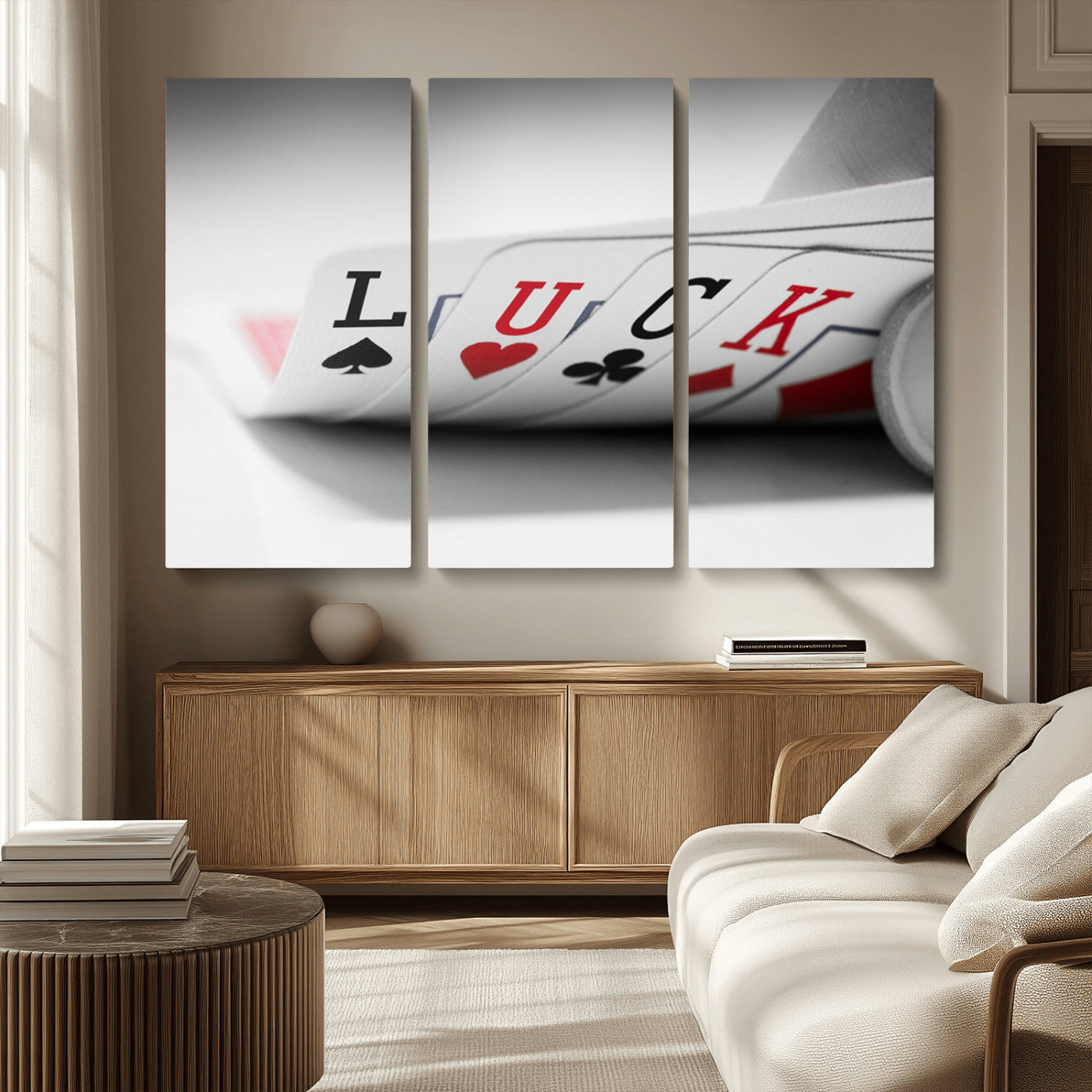 MGV-CV-48X32-3P - Framed Luck Poker Cards Canvas – Modern Triptych Wall Art, Ready to Hang for Game Rooms