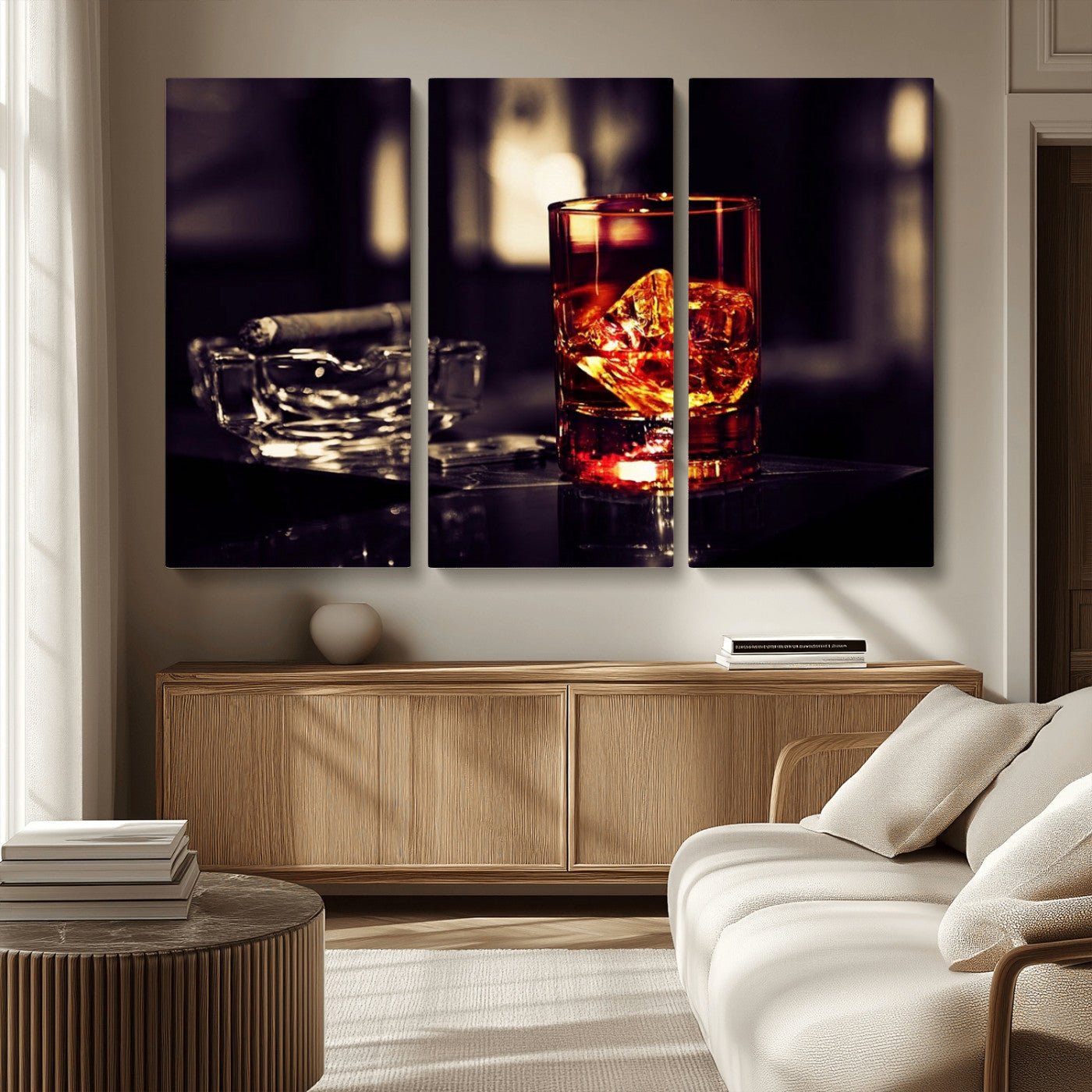 MGV-CV-48X32-3P - Whiskey and Cigar Canvas – Luxurious Wall Art for Home or Bar – Glass and Cigar Scene Print Canvas
