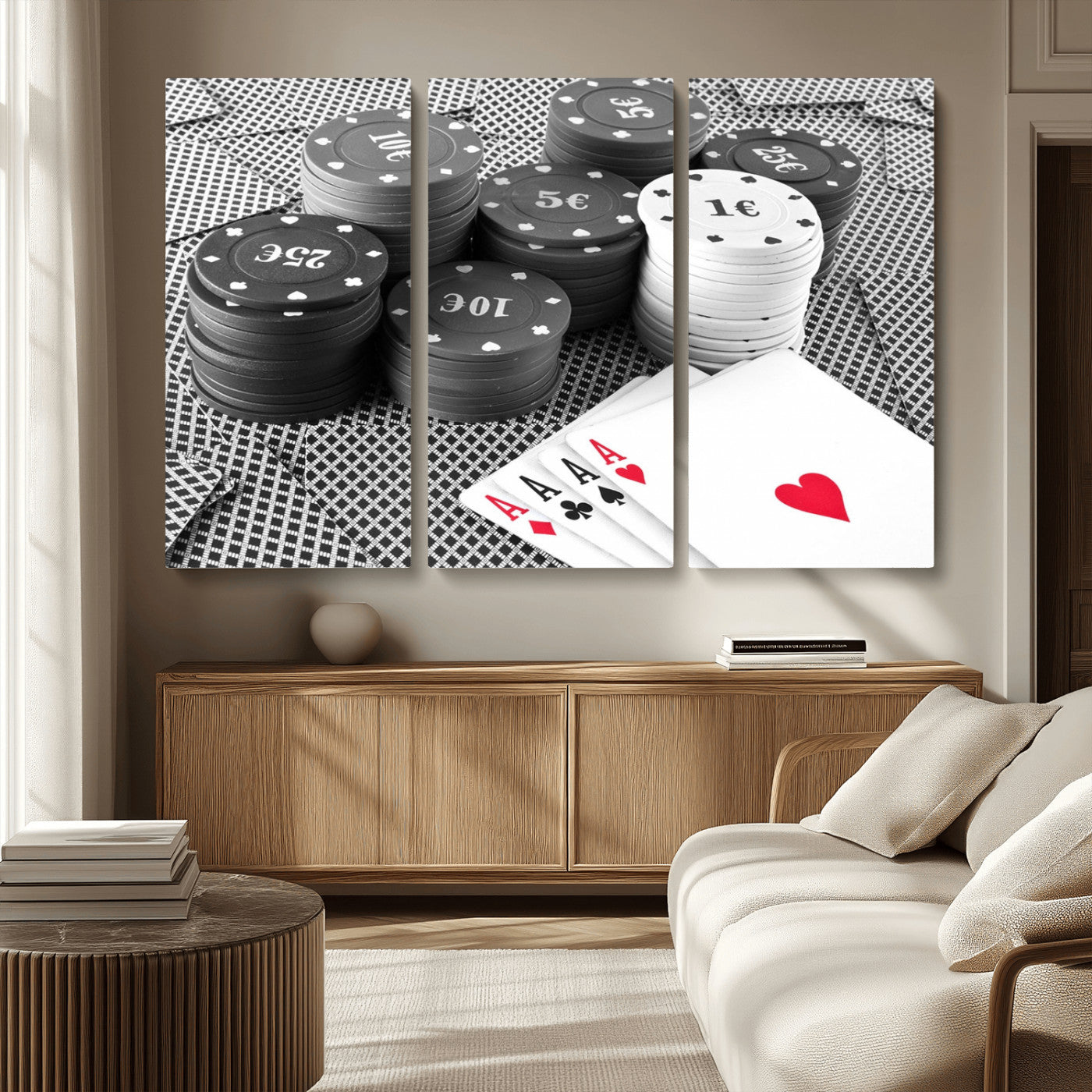MGV-CV-48X32-3P - Poker Game Cards Wall Art Canvas, Multi Panel Wall Art Canvas Print