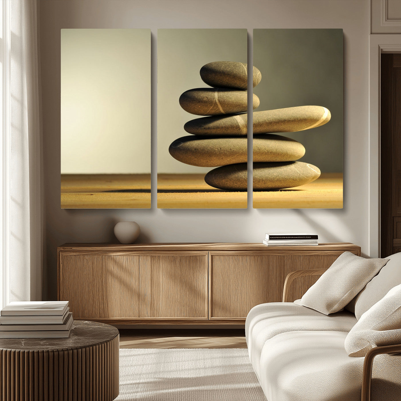 MGV-CV-48X32-3P - Fluvial Zen Stones Canvas Wall Art Print