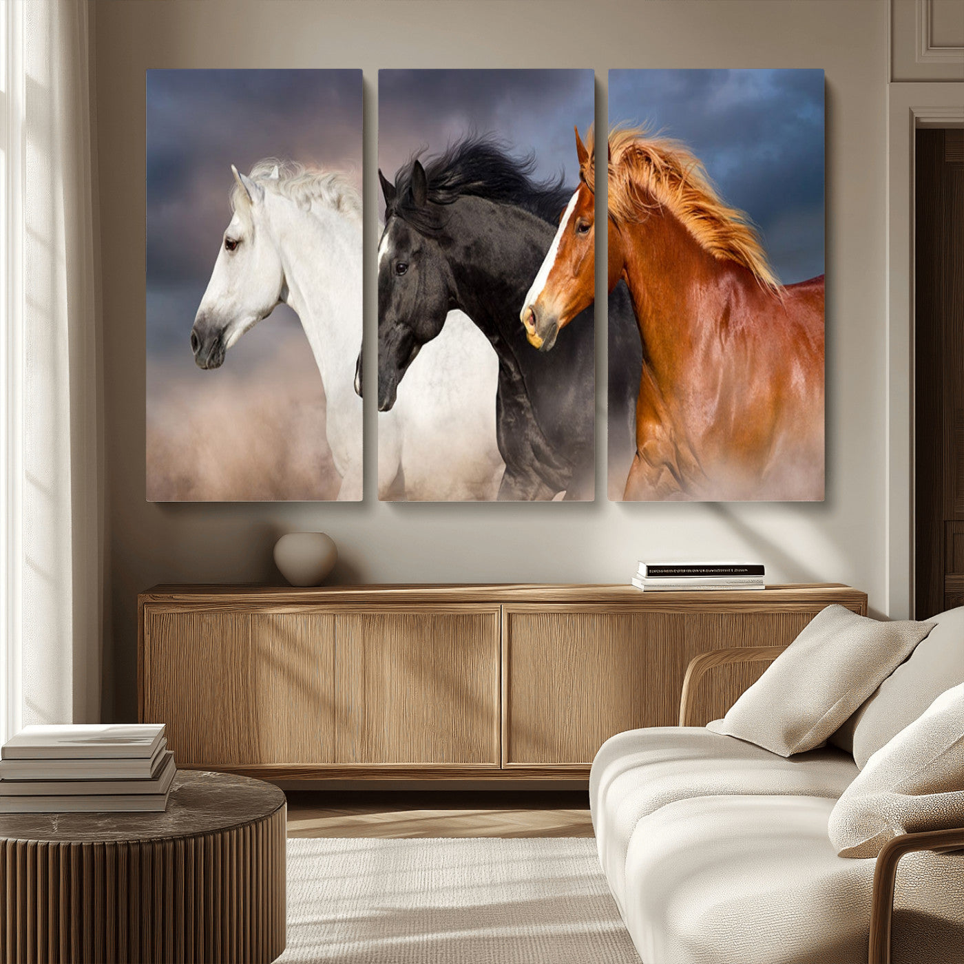 MGV-CV-48X32-3P - Animal Wall Art Three Horses Farmhouse Art Canvas, Framed Three Horses Canvas Print