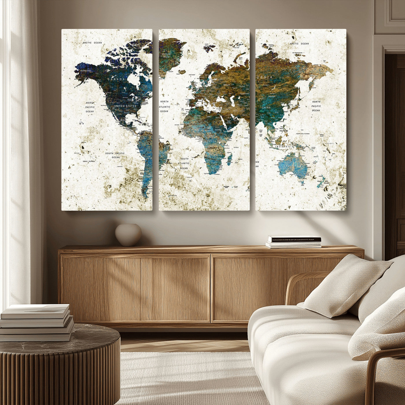 MGV-CV-48X32-3P - Vintage World Map Wall Art Canvas Print, Framed Rustic Earth Map Art Picture Print, Antique Map Perfect Rustic Vintage Decor Artwork