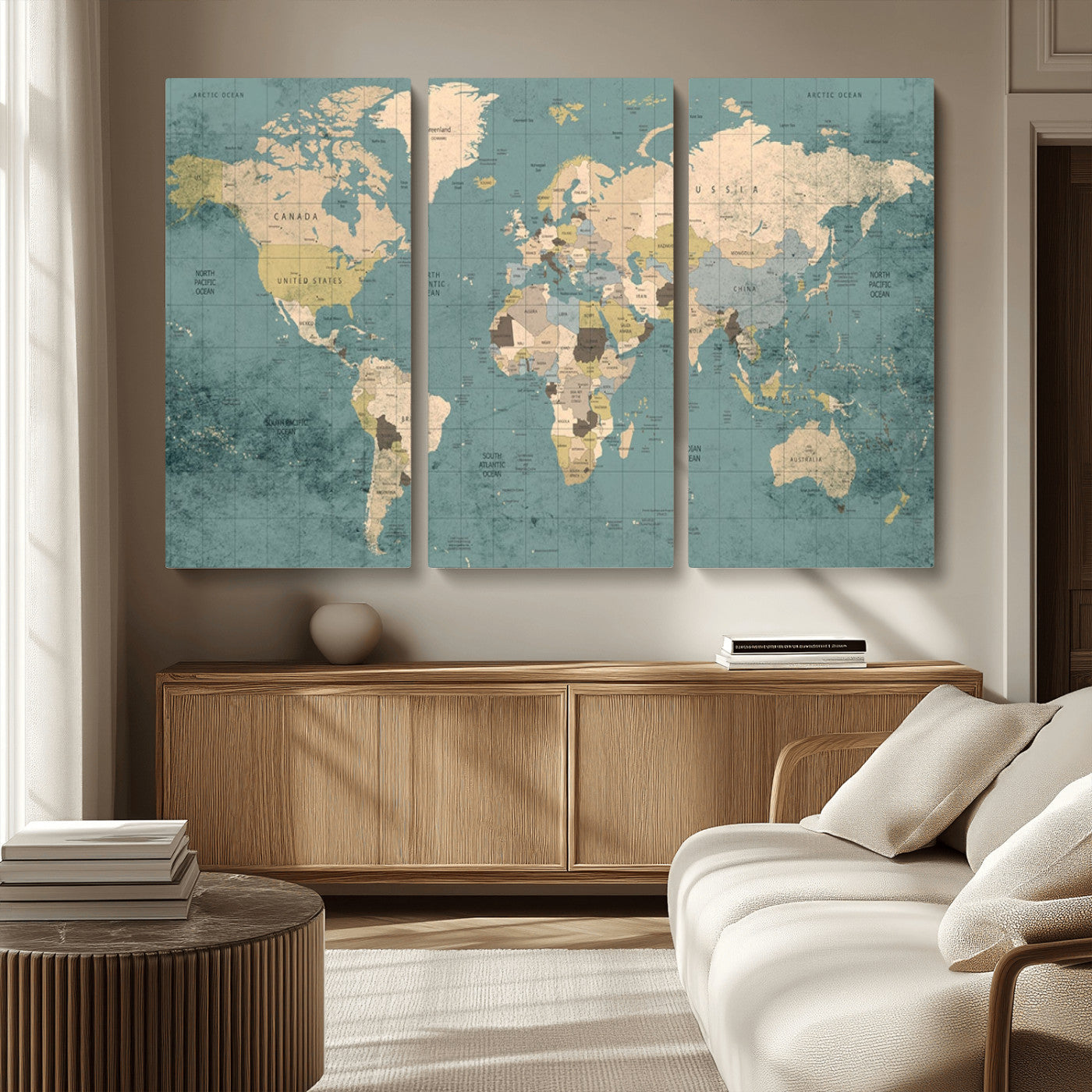 MGV-CV-48X32-3P - Classic World Map Wall Art Canvas Print, Framed Retro Map Art Picture Print, Vintage Atlas Perfect Rustic Explorer Decor Artwork