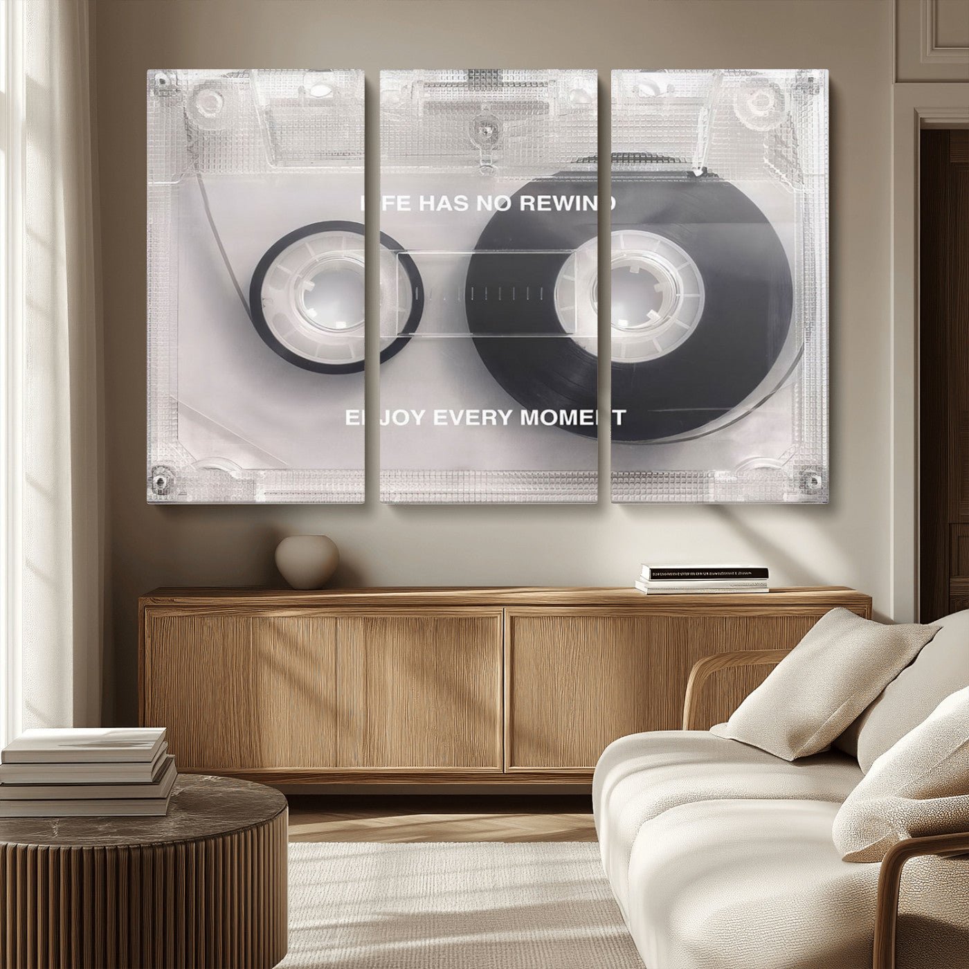 MGV-CV-48X32-3P - Vintage Cassette Tape Canvas Wall Art - Inspirational 'Life Has No Rewind' Quote, Retro Music Decor