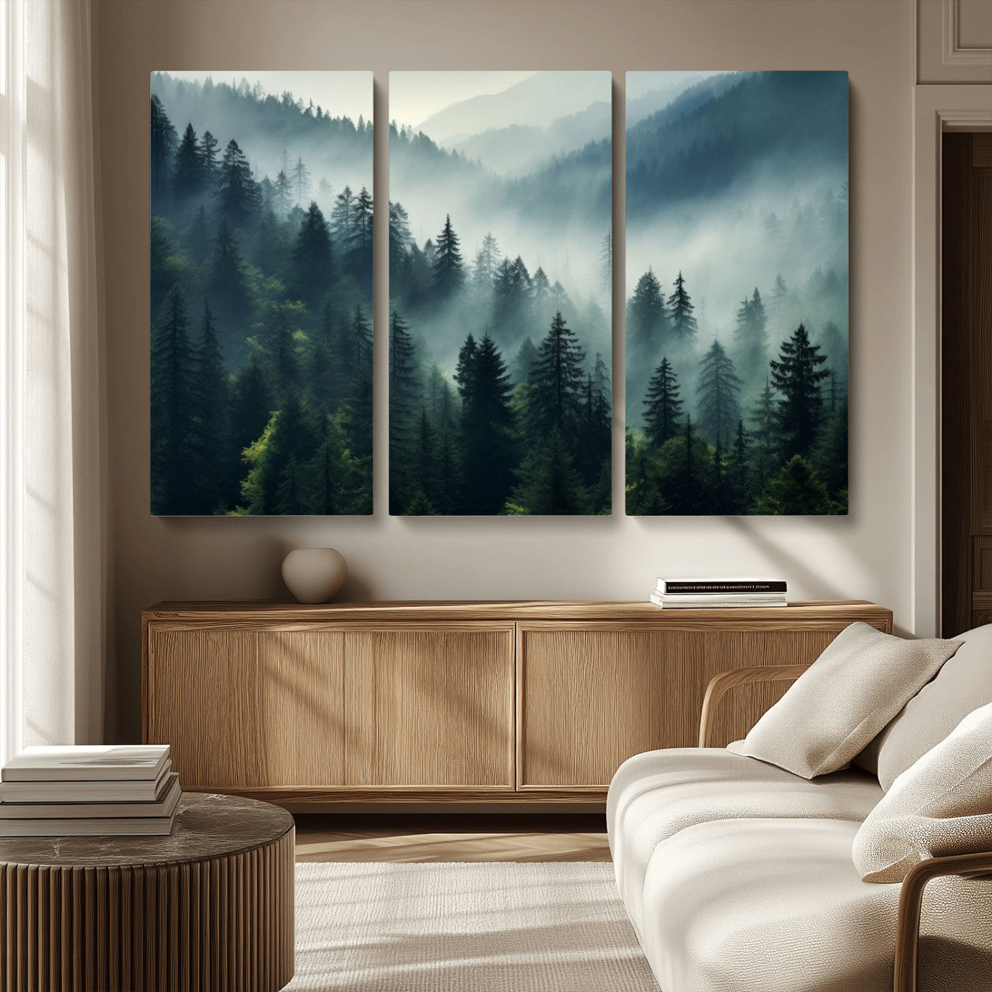 MGV-CV-48X32-3P - Captivating Misty Forest Wall Art Premium Canvas Print a Foggy and Serene Atmosphere Art