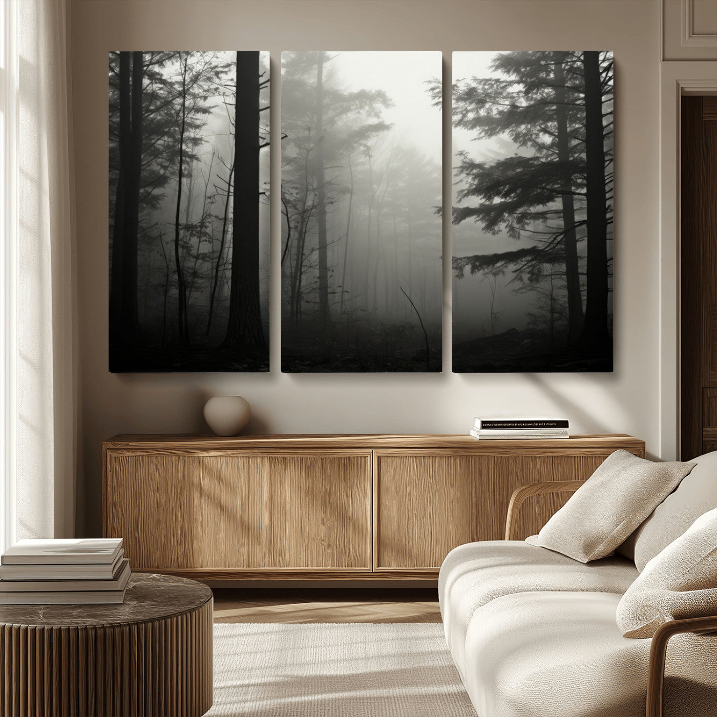 MGV-CV-48X32-3P - Misty Forest Wall Art Premium Canvas Print a Foggy and Serene Atmosphere - Nature Wall Art