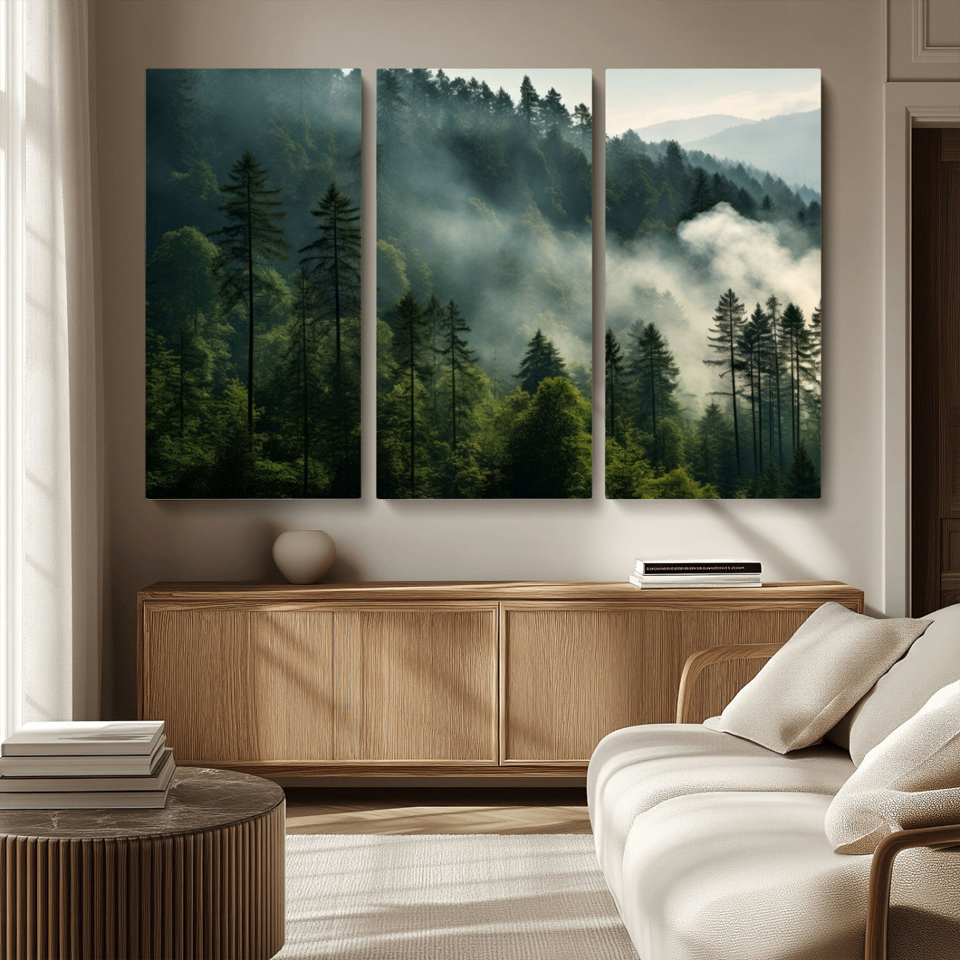 MGV-CV-48X32-3P - Misty Forest Wall Art Premium Canvas Print a Foggy and Serene Atmosphere