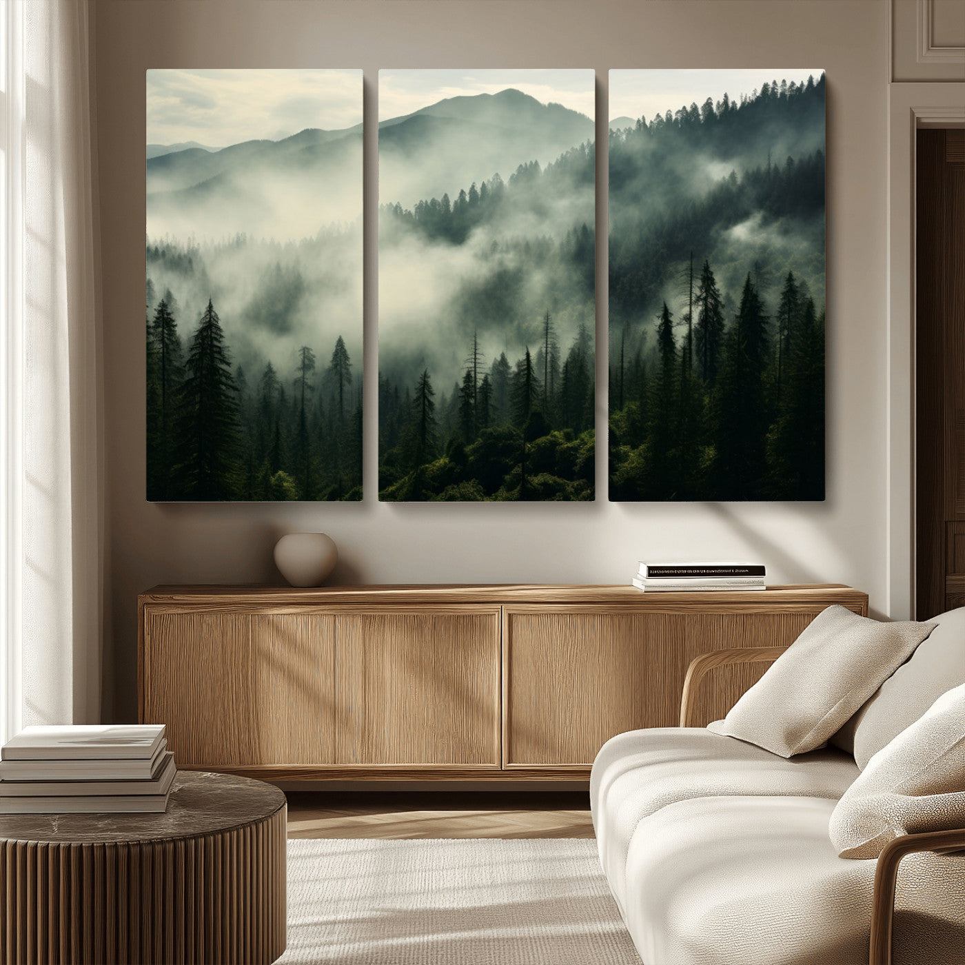 MGV-CV-48X32-3P - Captivating Misty Forest Wall Art Premium Canvas Print a Foggy and Serene Atmosphere