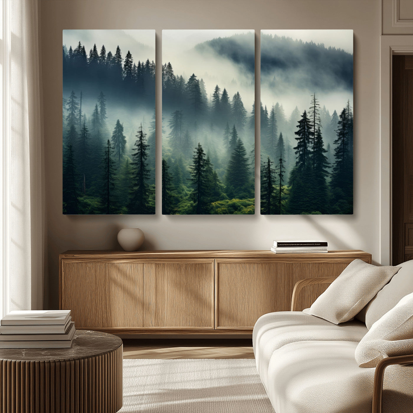MGV-CV-48X32-3P - Captivating Misty Forest Wall Art Premium Canvas Print a Foggy and Serene Atmosphere