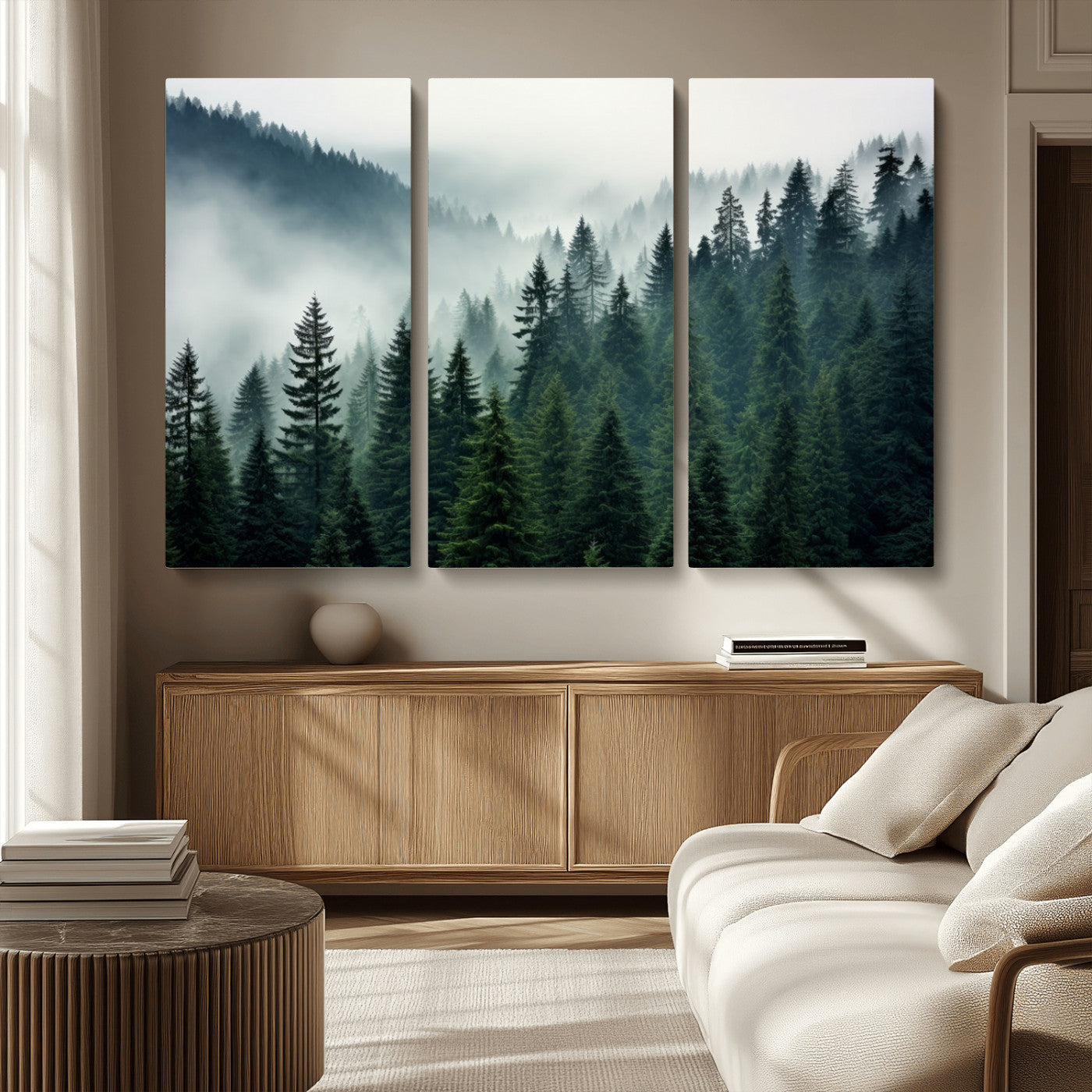MGV-CV-48X32-3P - Captivating Misty Forest Wall Art Premium Canvas Print, Foggy and Serene Atmosphere Canvas Print