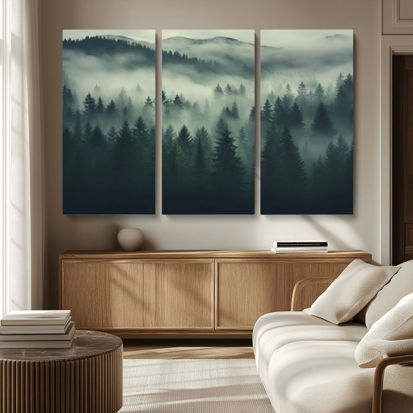 MGV-CV-48X32-3P - Misty Forest Wall Art Premium Canvas Print a Foggy and Serene Atmosphere
