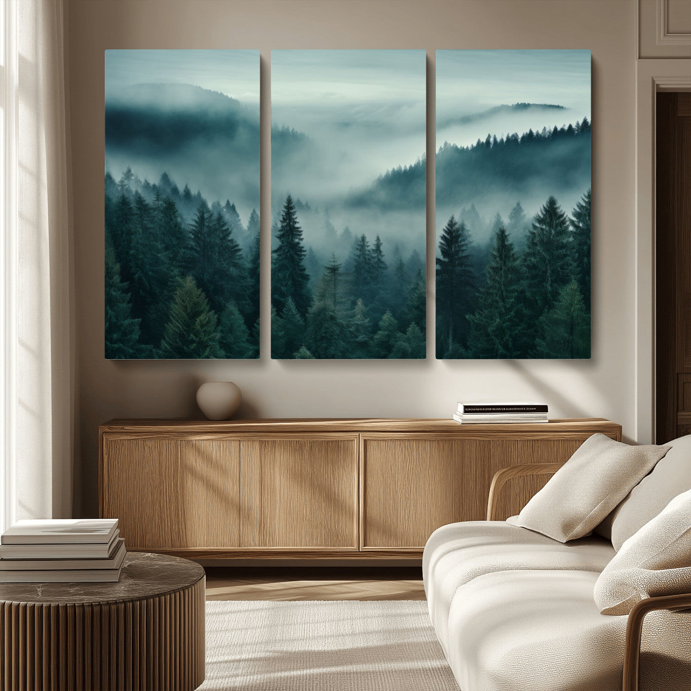 MGV-CV-48X32-3P - Captivating Misty Foggy Forest Wall Art Premium Canvas Print