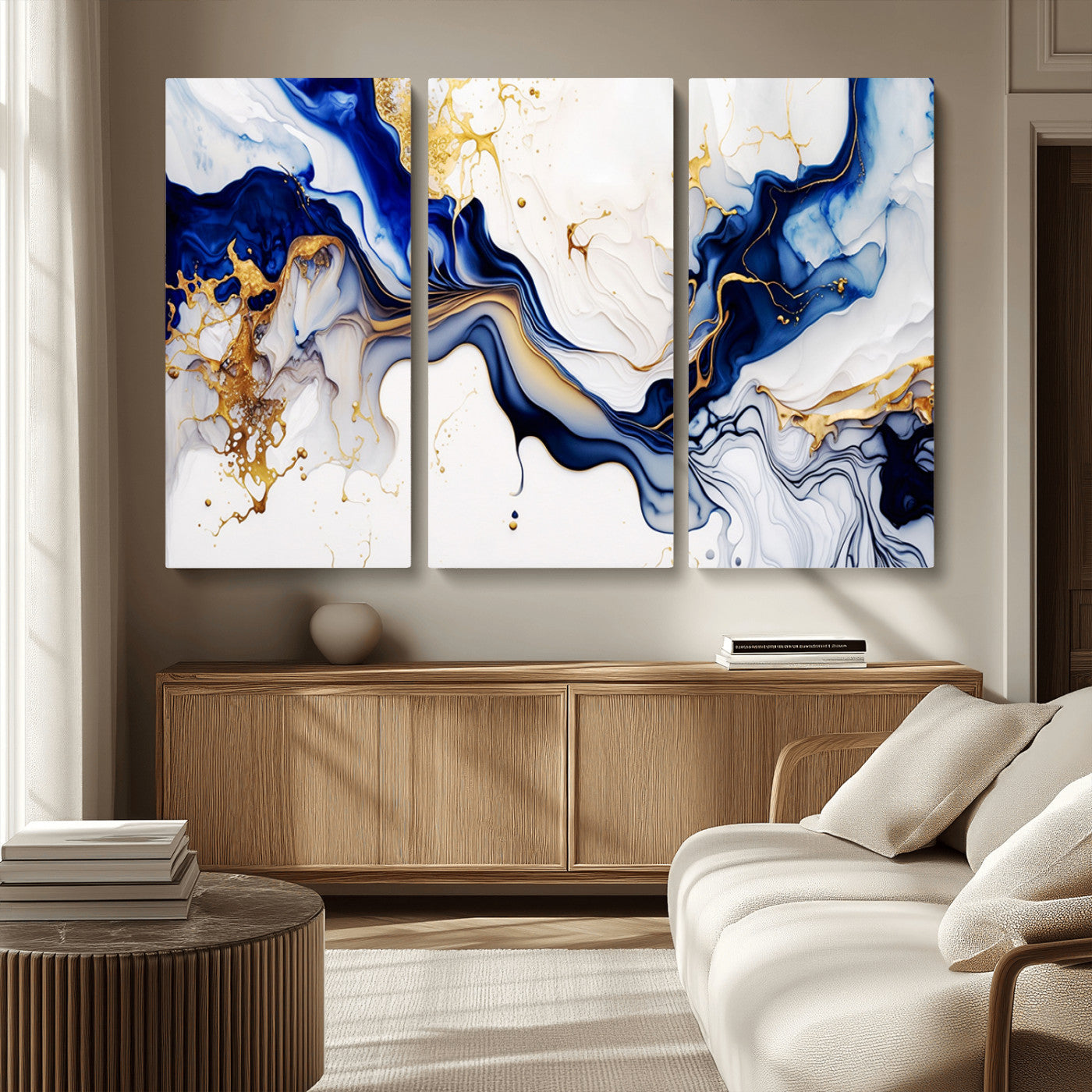 MGV-CV-48X32-3P - Golden Cascades on Midnight Blue – Deep Blue Abstract Wall Art Flowing Elegance | Wall Art Canvas,