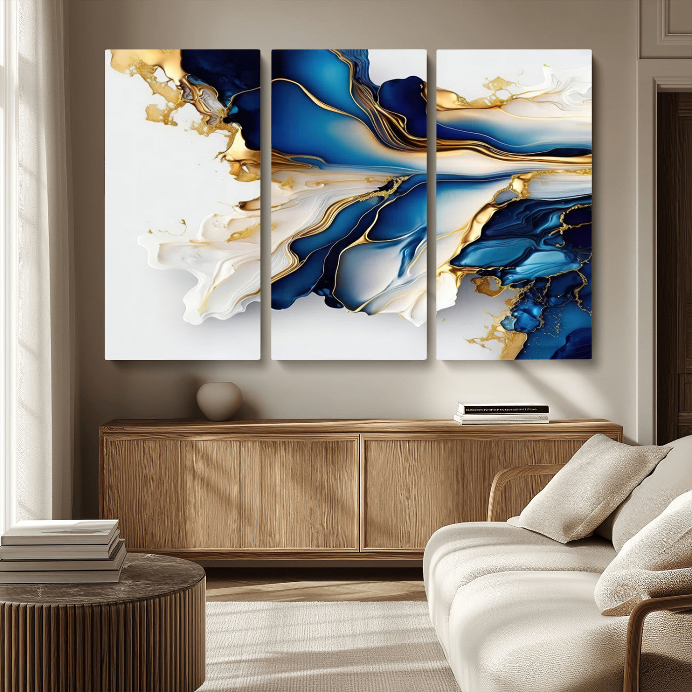 MGV-CV-48X32-3P - Gold Marble Art - Abstract Geode Gold And Blue Marble Shape 3 Pieces Wall Art Canvas Print