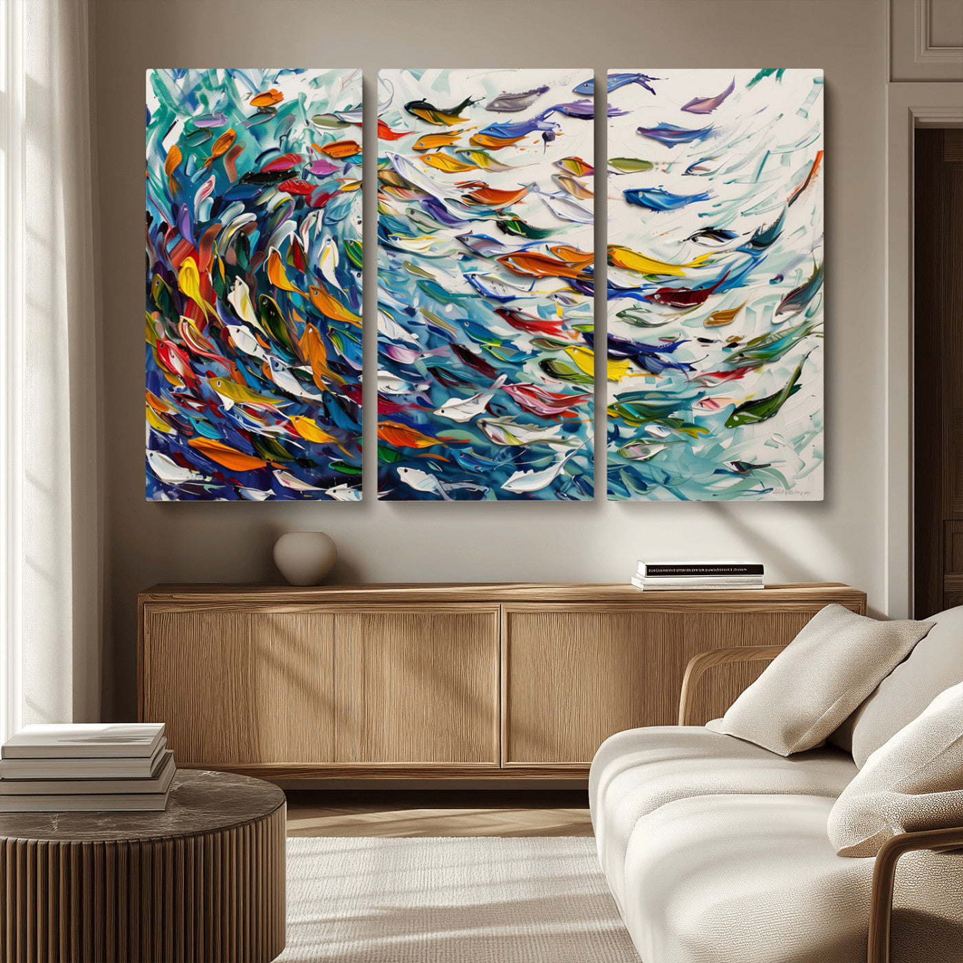 MGV-CV-48X32-3P - Modern Abstract Fish Shoal Wall Art Canvas Print, Colorful Fish Herd Painting on Canvas Print, Ocean