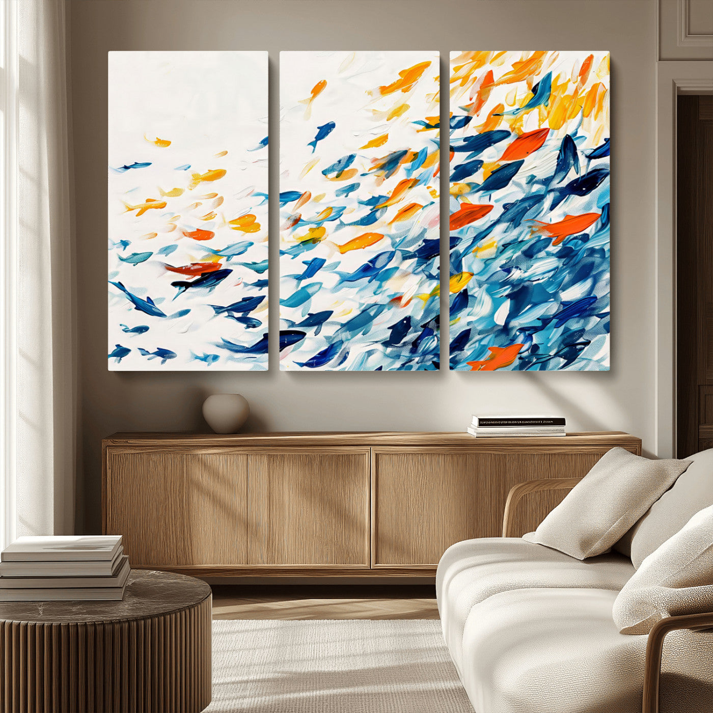 MGV-CV-48X32-3P - Abstract Fish Shoal Wall Art Canvas Print, Colorful Fish Herd Painting on Canvas Print, Ocean Animal