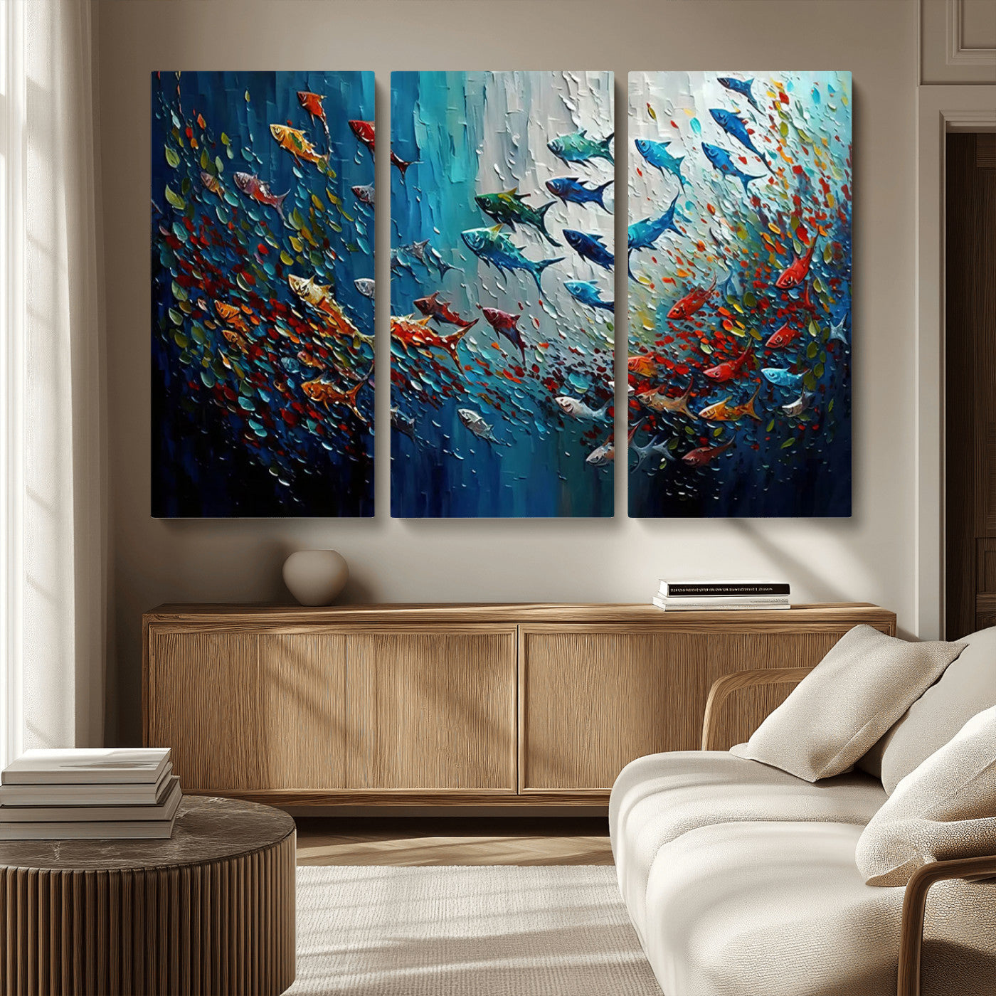 MGV-CV-48X32-3P - Modern Abstract Fish Shoal Wall Art Canvas Print, Colorful Fish Herd Painting on Canvas Print, Ocean