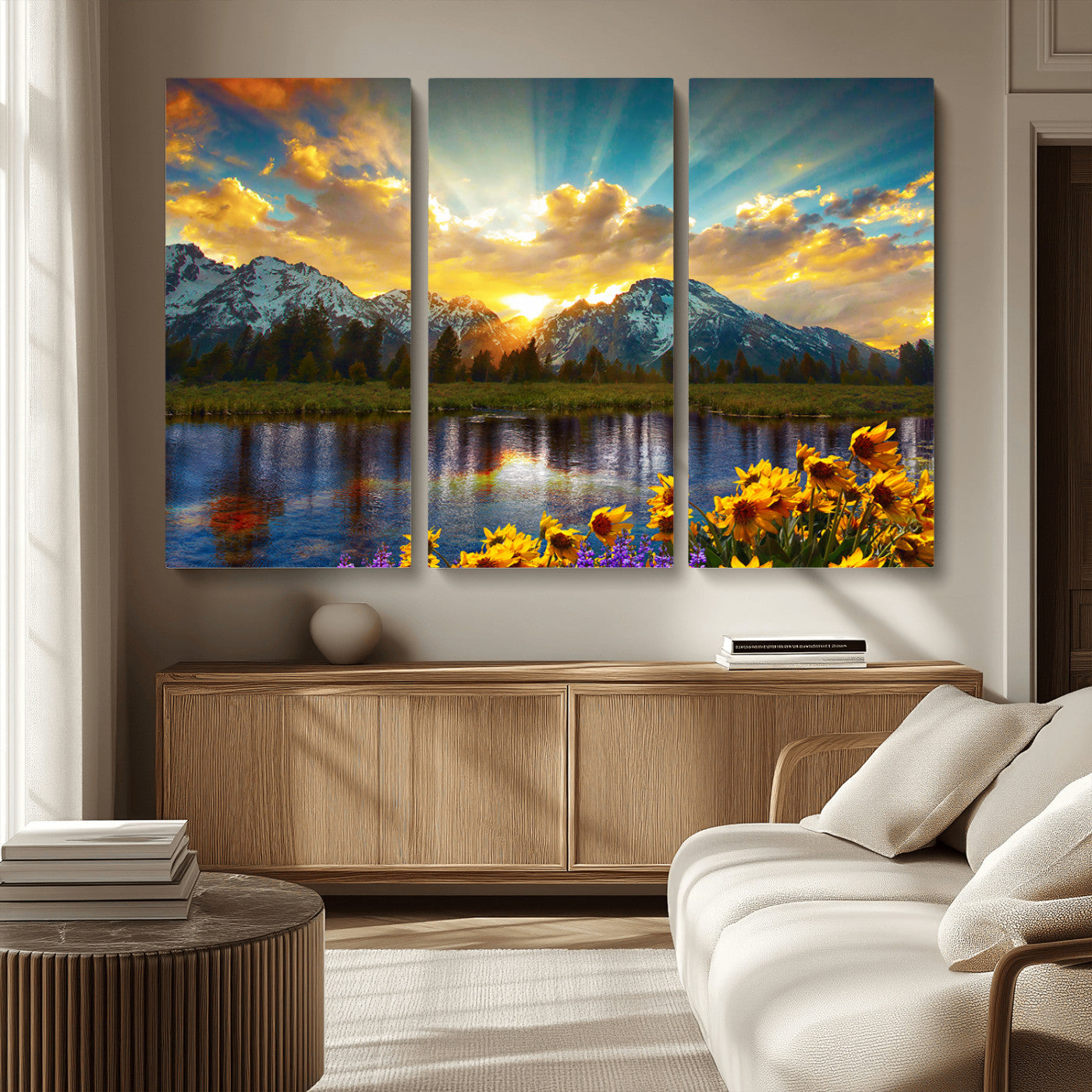 MGV-CV-48X32-3P - Grand Teton Park Amazing Mountain Landscape Sunset Wall Art Canvas Print